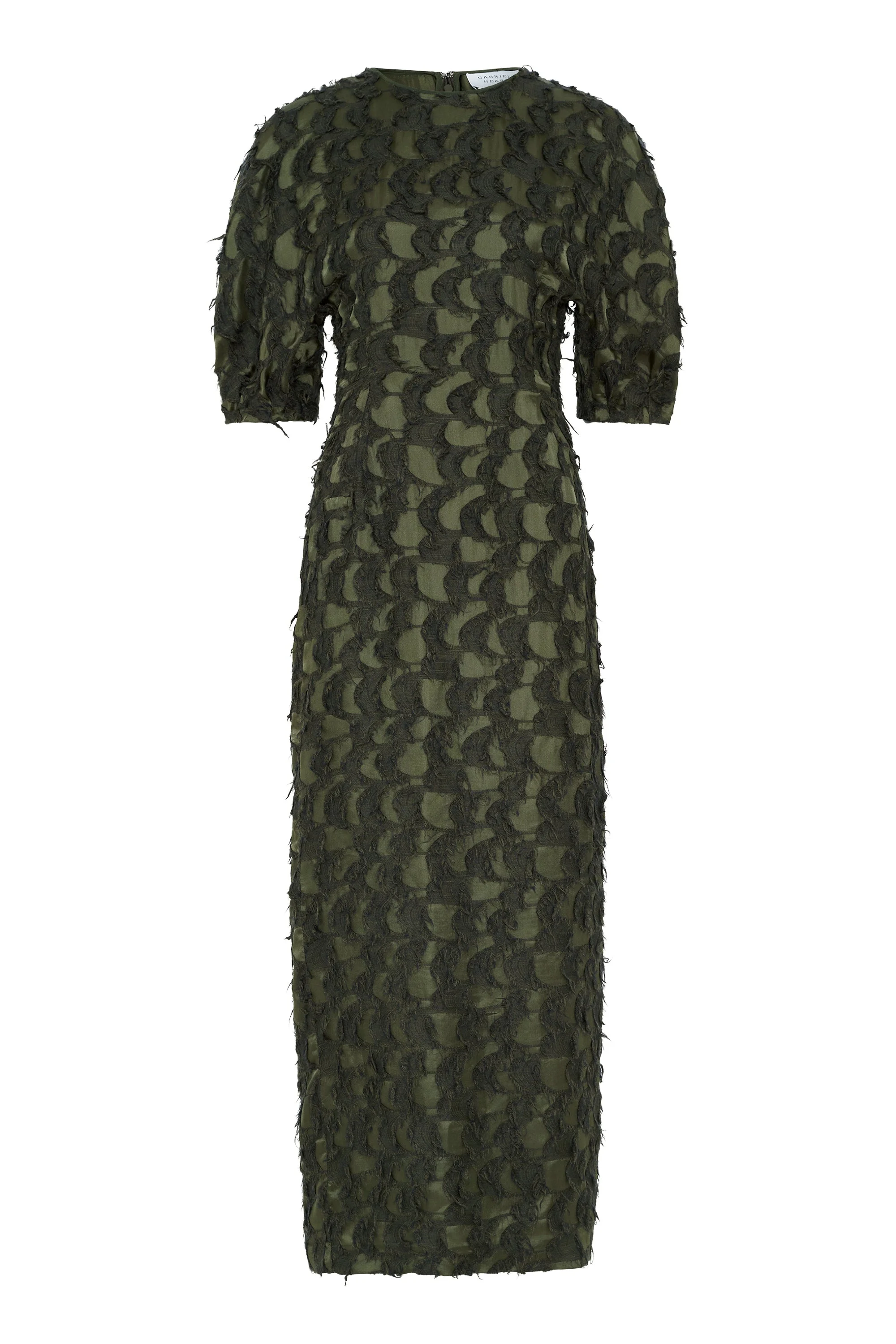 Coretta Dress in Deep Olive Silk Wool Fil Coupé - 1