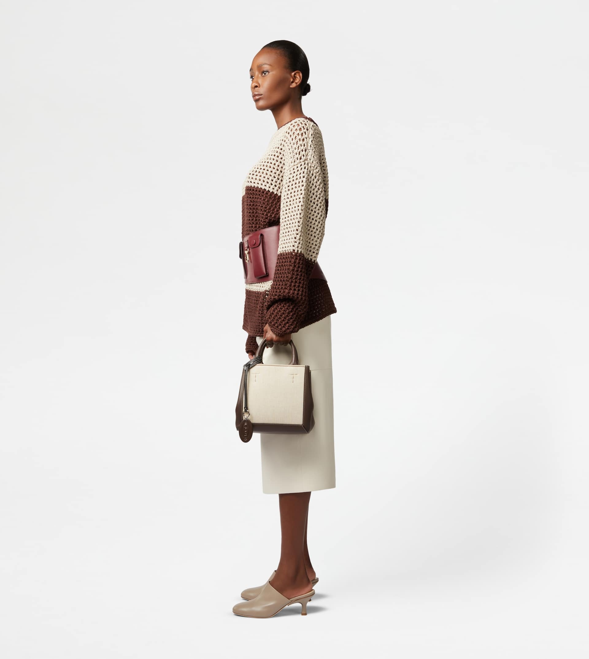 TOD'S DOUBLE UP SHOPPING BAG IN LEATHER AND CANVAS SMALL - BROWN, OFF WHITE - 4
