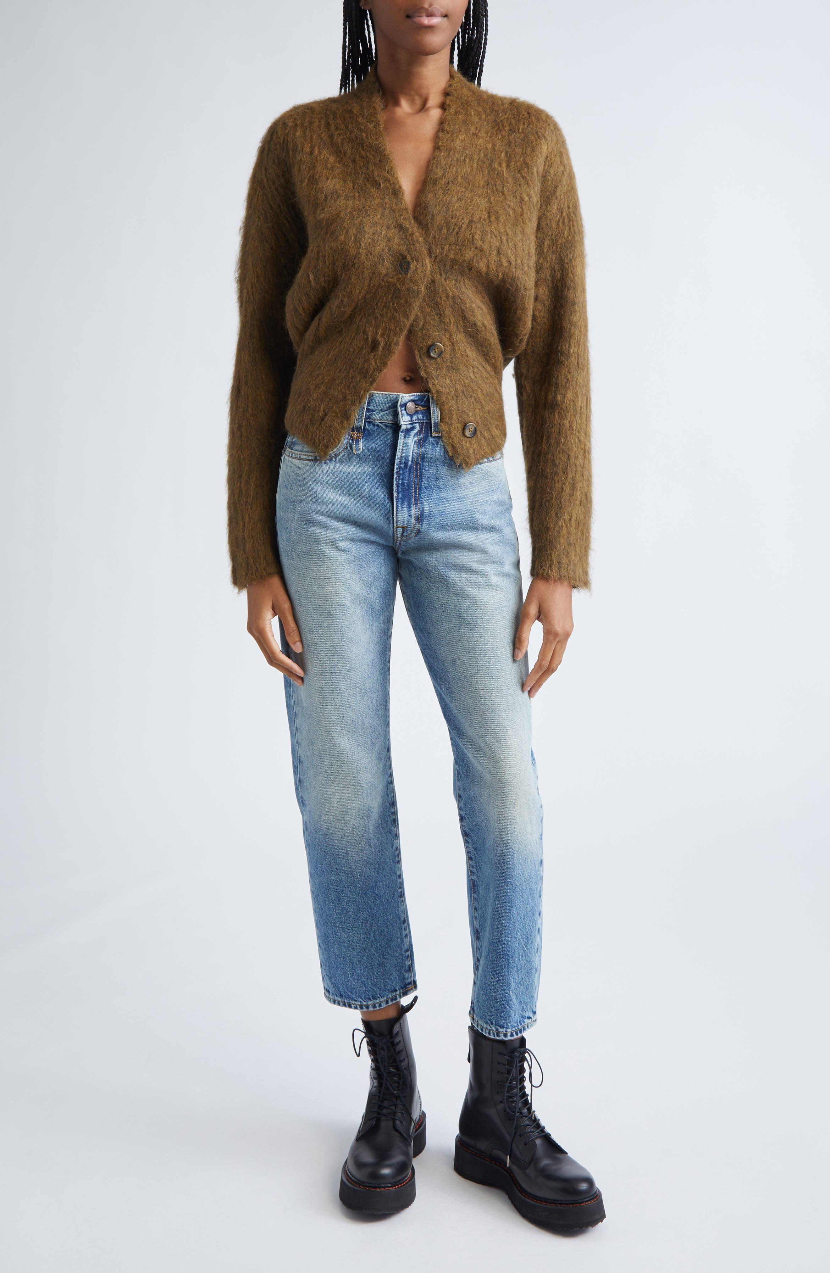 R13 Split Hem Rib Alpaca & Wool Blend Cardigan in Heather Olive Green at Nordstrom - 2