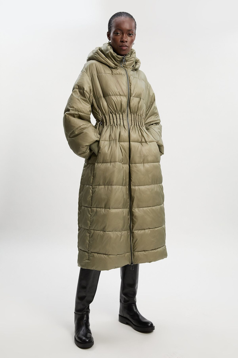 Quilted Drawstring Waist Hooded Rib Cuff Maxi Puffer Coat 1