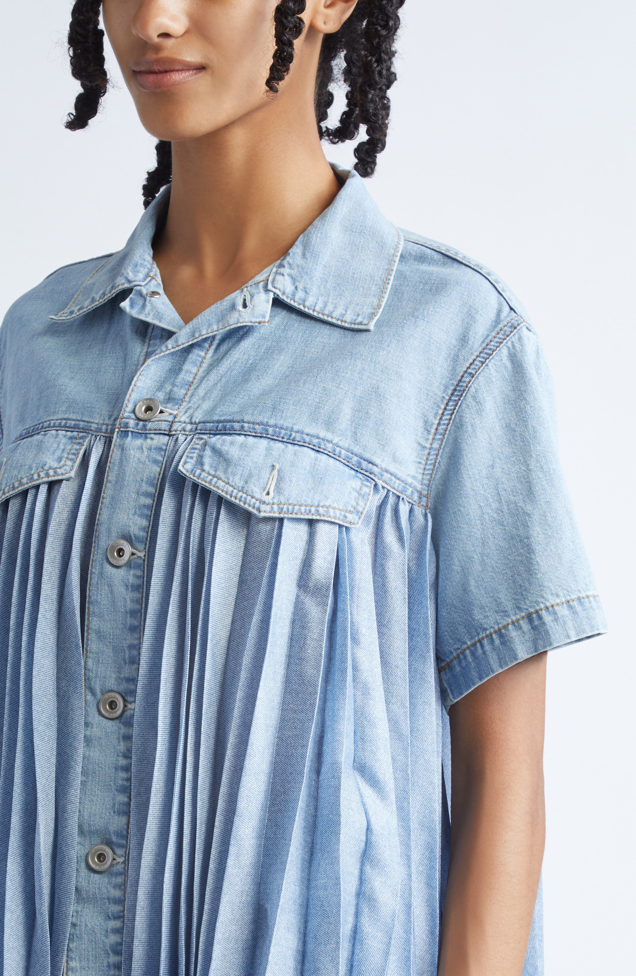 Sacai Mixed Media Short Sleeve Shirt in Light Blue at Nordstrom - 5