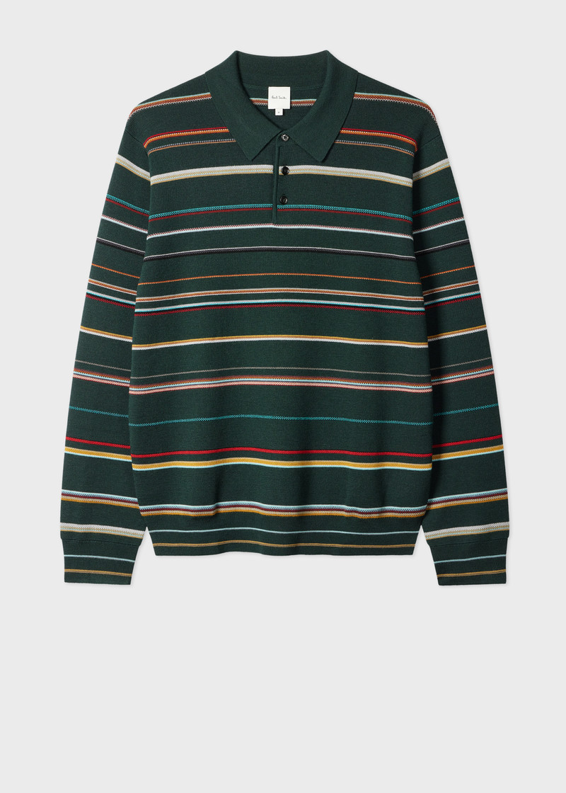 Dark Green 'Signature Stripe' Merino Wool Polo Shirt 1