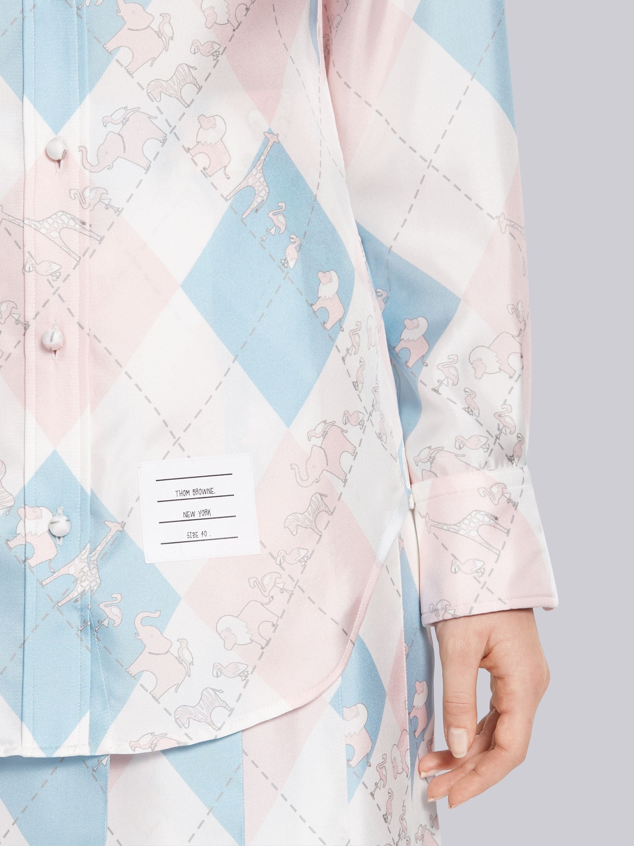 Light Blue and Pink Silk Argyle Print Animal Icon Long Sleeve Round Collar Shirt - 6