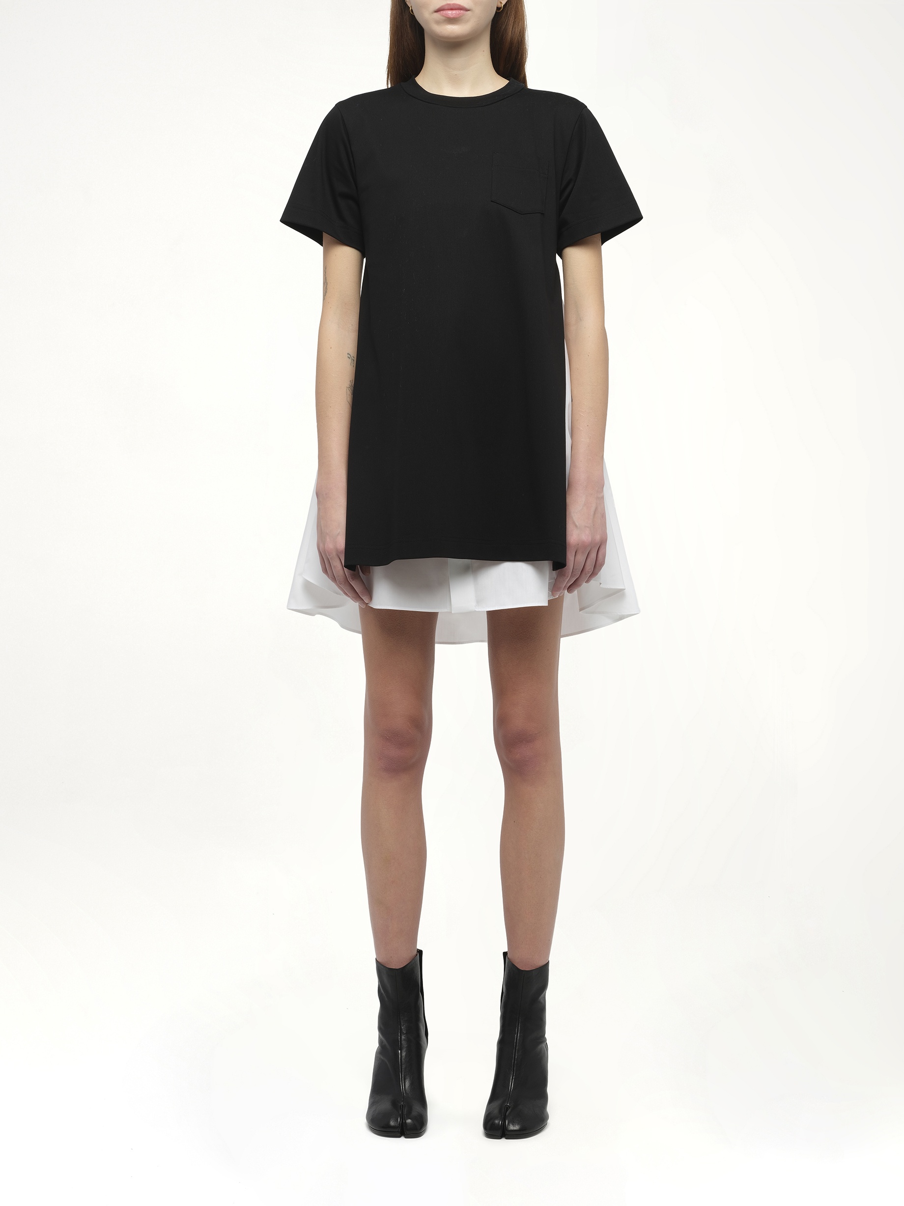Poplin x Cotton Jersey Dress in Black/Off White - 7