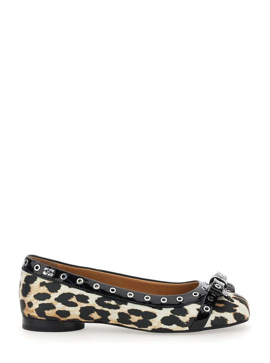 Ganni Multicolor Ballet Flats With Eyelets And All-Over Leopard Print In Satin Woman - 1