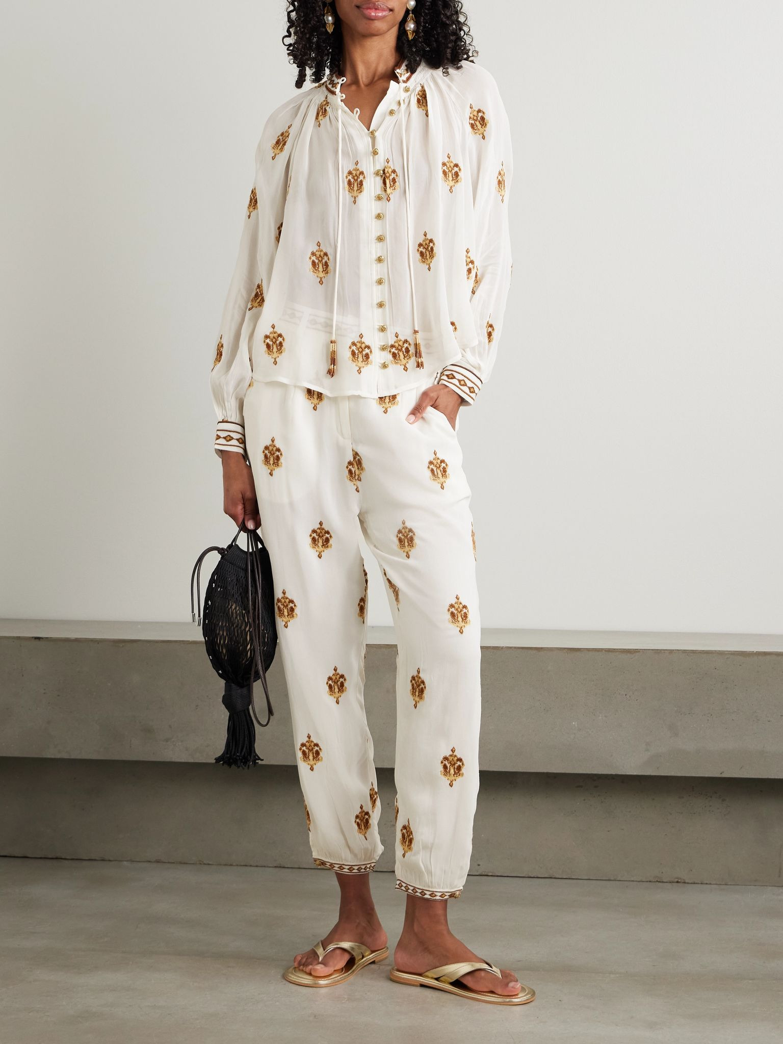Anchor Tapestry embroidered georgette tapered pants Off-white - 2