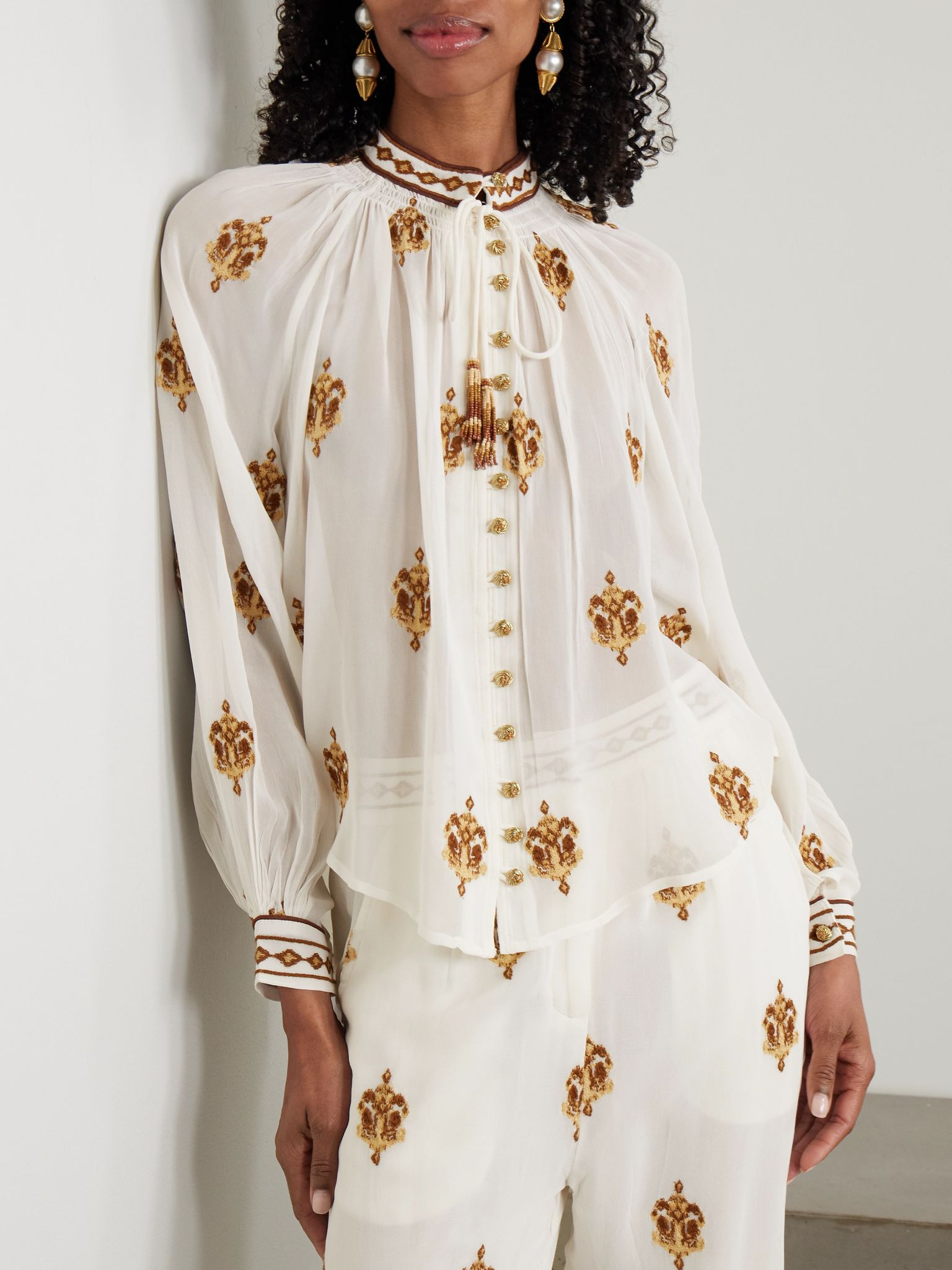 Anchor Tapestry gathered embroidered georgette blouse Off-white - 3