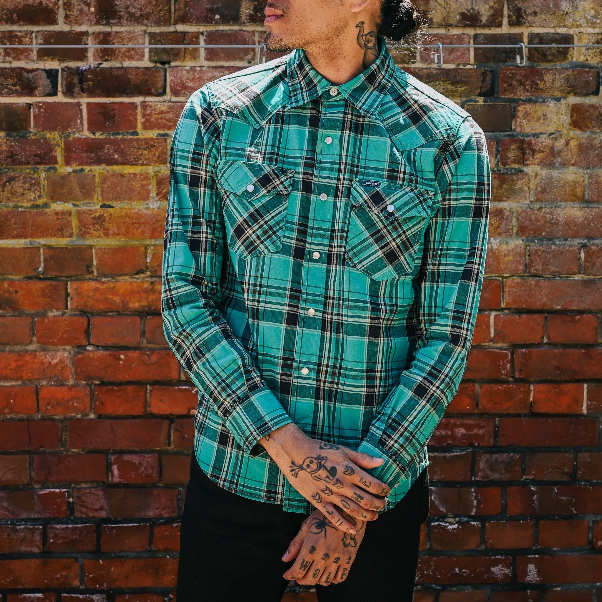 IHSH-355-GRN 5oz Selvedge Madras Check Western Shirt - Green - 4
