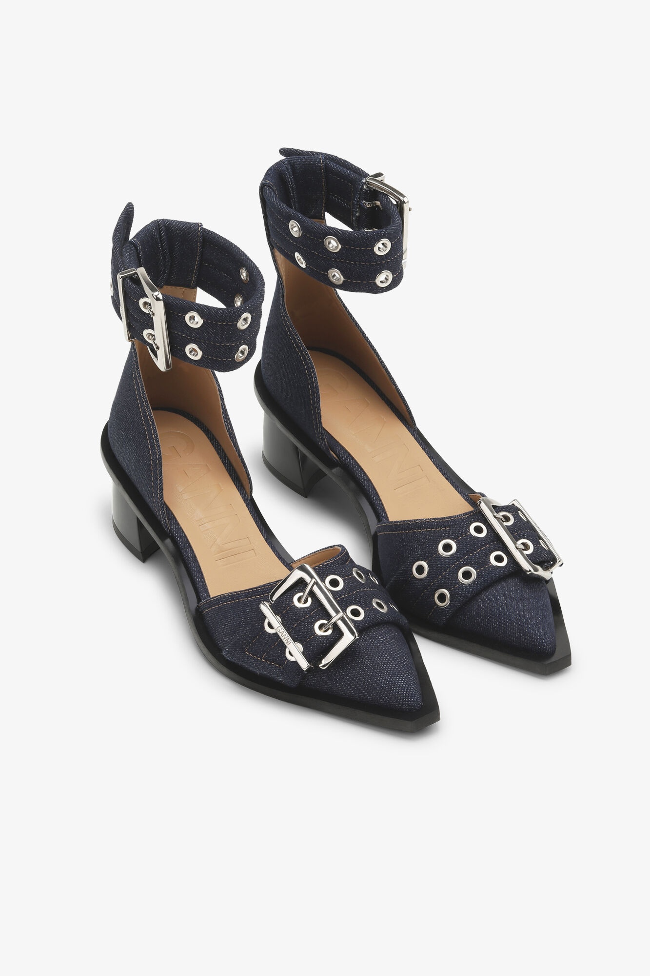 DENIM FEMININE BUCKLE OPEN CUT PUMPS - 2