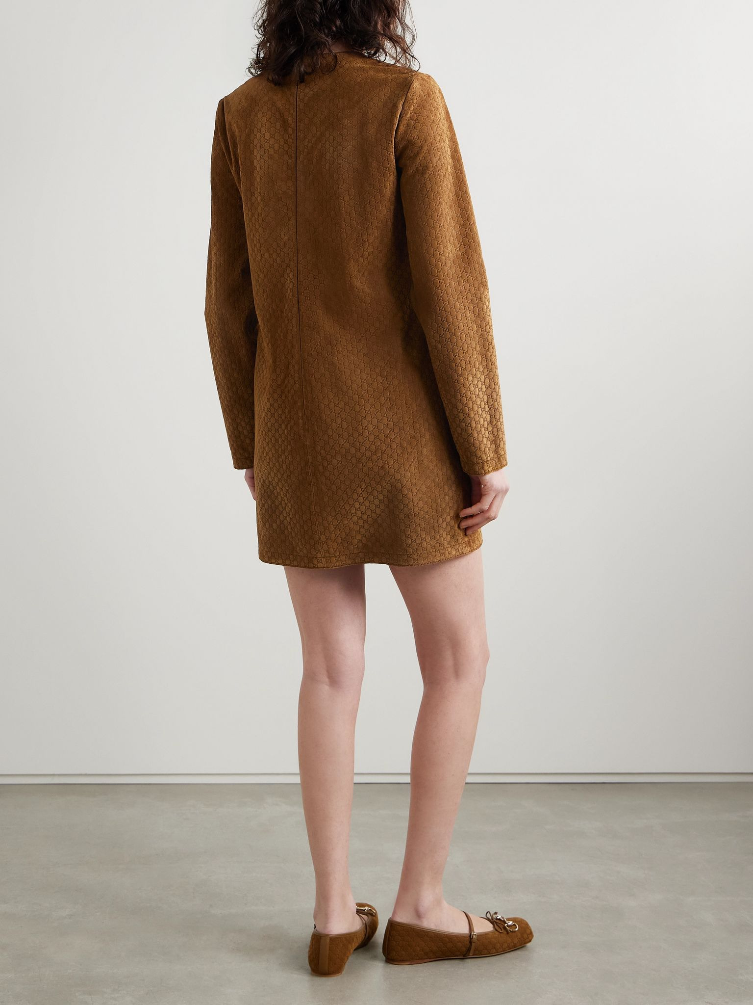 Horsebit-detailed debossed suede mini dress Brown - 3