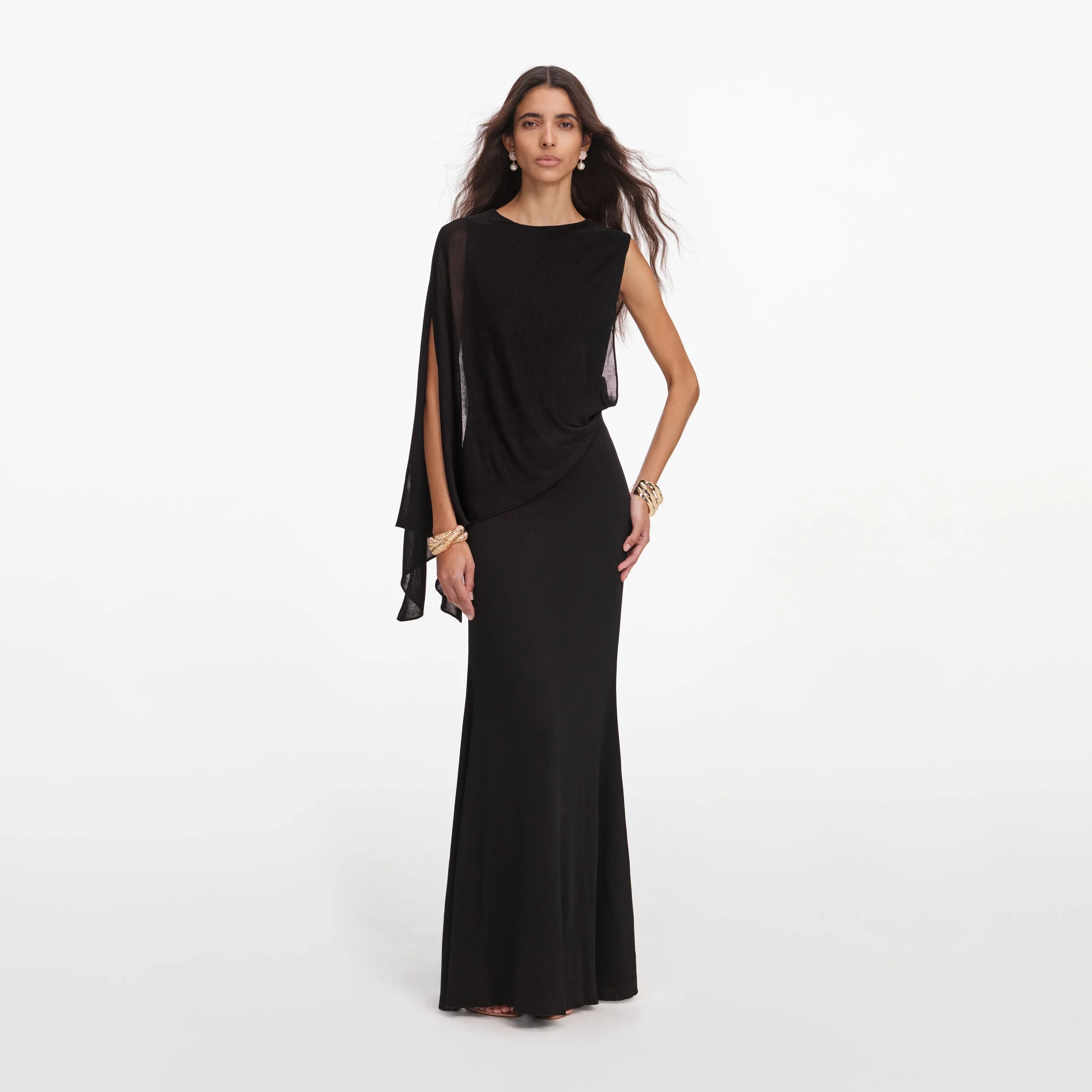 Black Viscose Knit One Shoulder Maxi Dress - 1