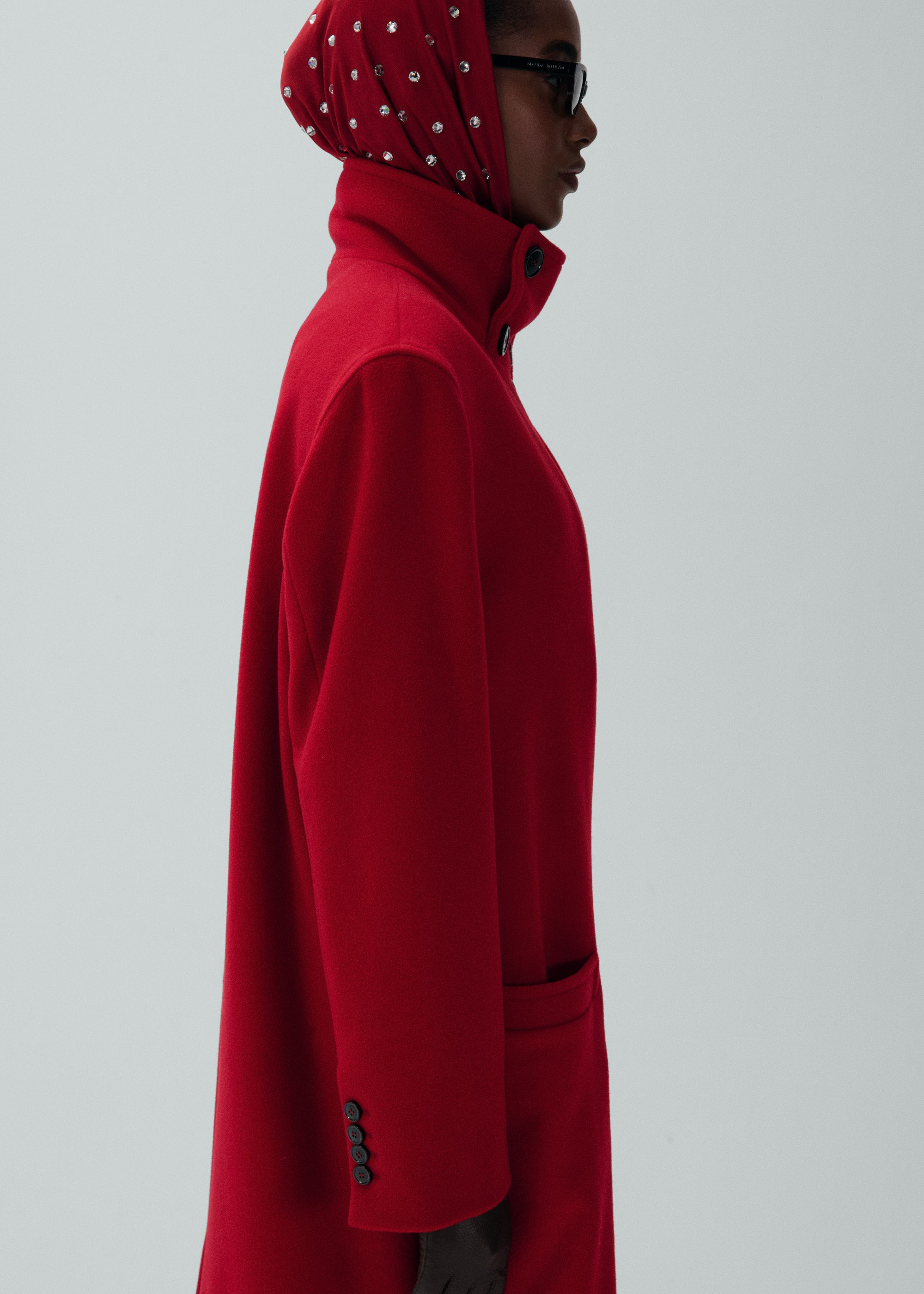 Oversized high collar wool coat in red - 4