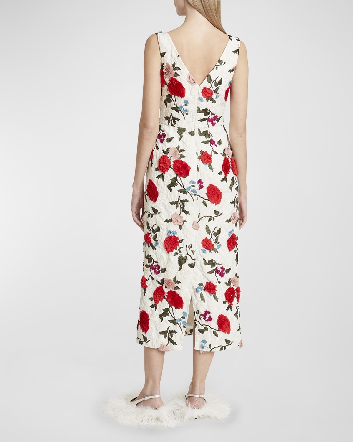 Boat-Neck Floral Embroidered Midi Dress - 4