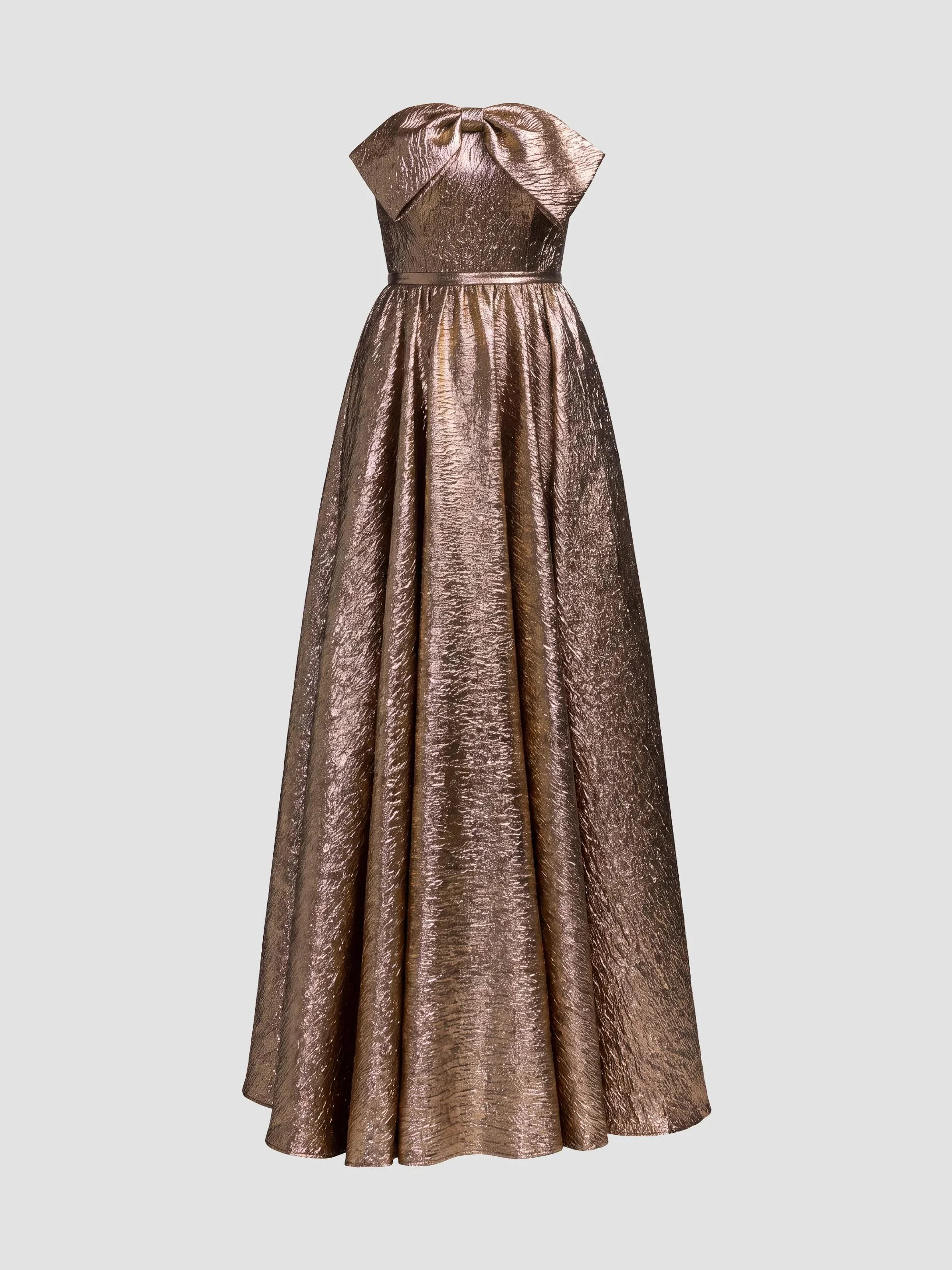 Women's Metallic Brocade Bow Strapless Gown - Antique Bronze - 1