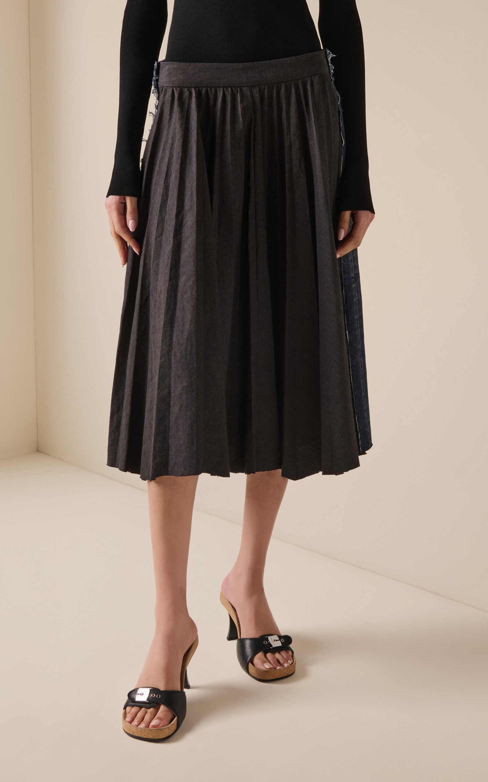 Hybrid Pleated Wool-Ramie Midi Skirt black - 3