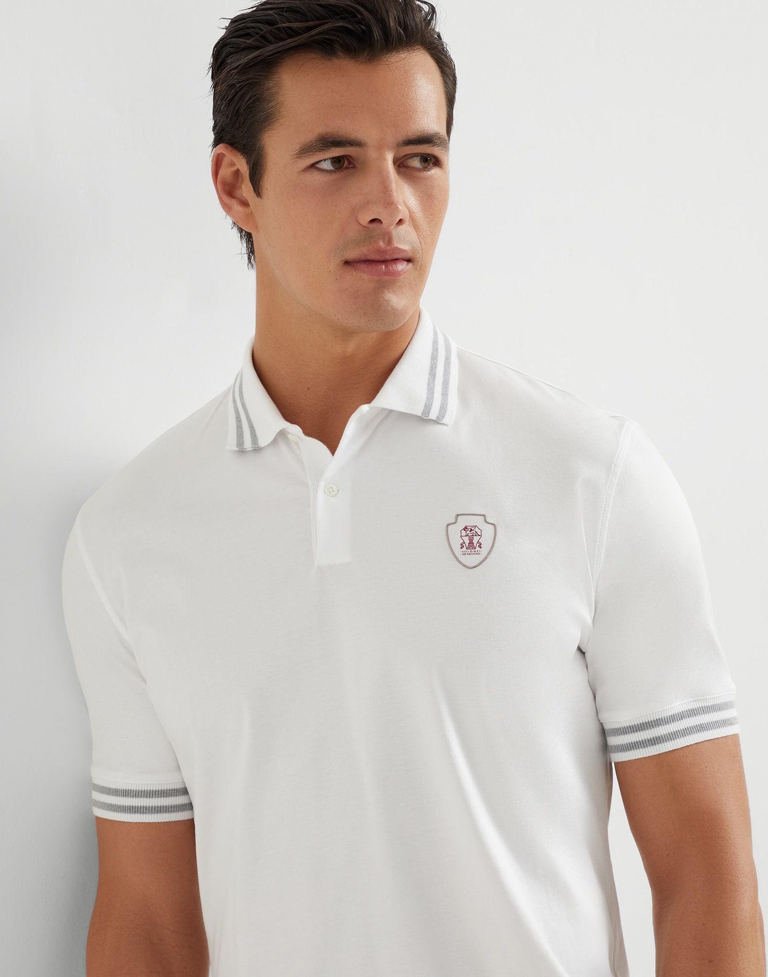 Cotton jersey polo shirt with striped collar and logo - 3
