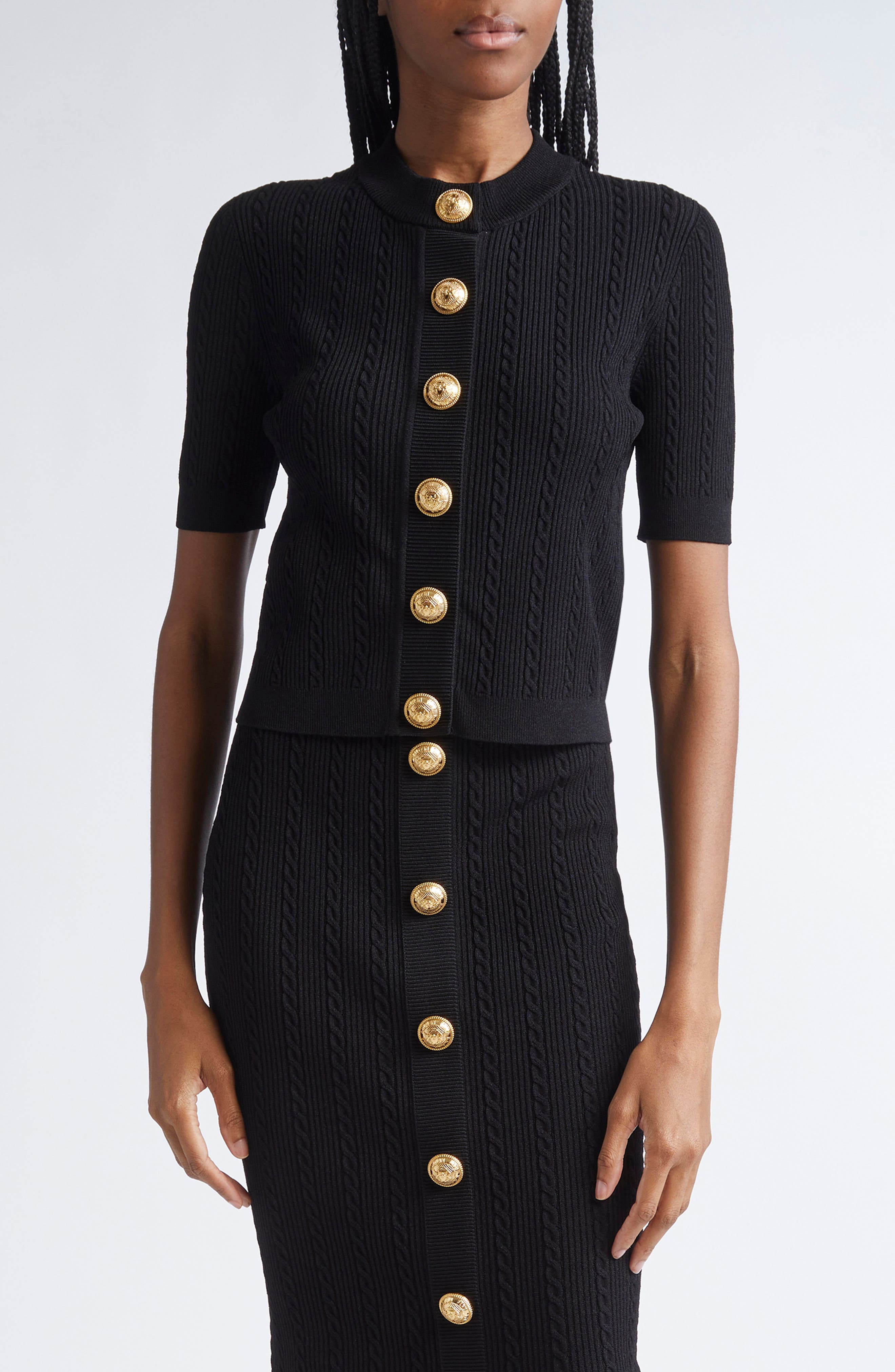 Balmain Cable Stitch Short Sleeve Cardigan in 0Pa Black at Nordstrom - 1
