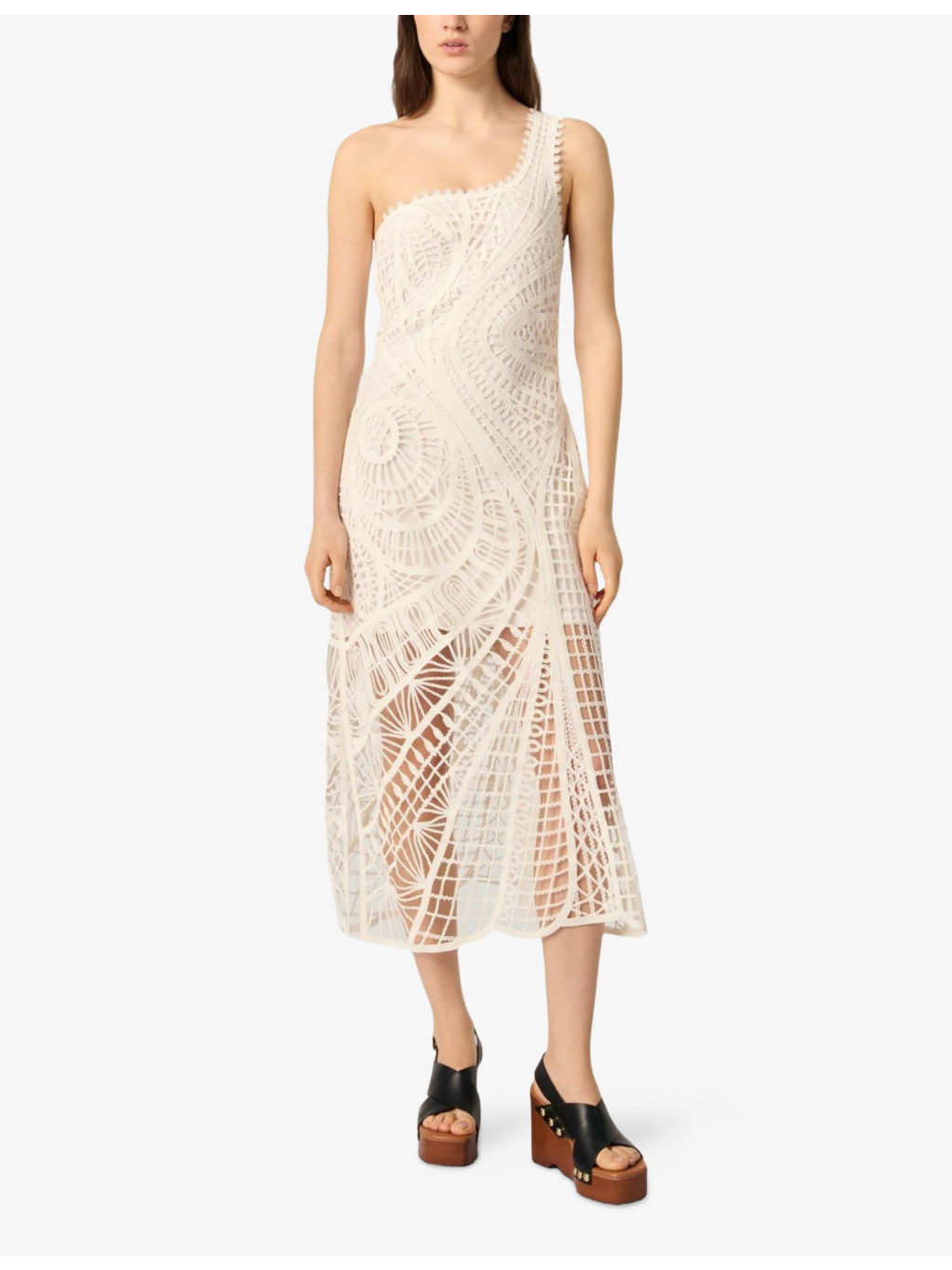 Geometric-Pattern One-Shoulder Crochet-Knit Midi Dress - 2