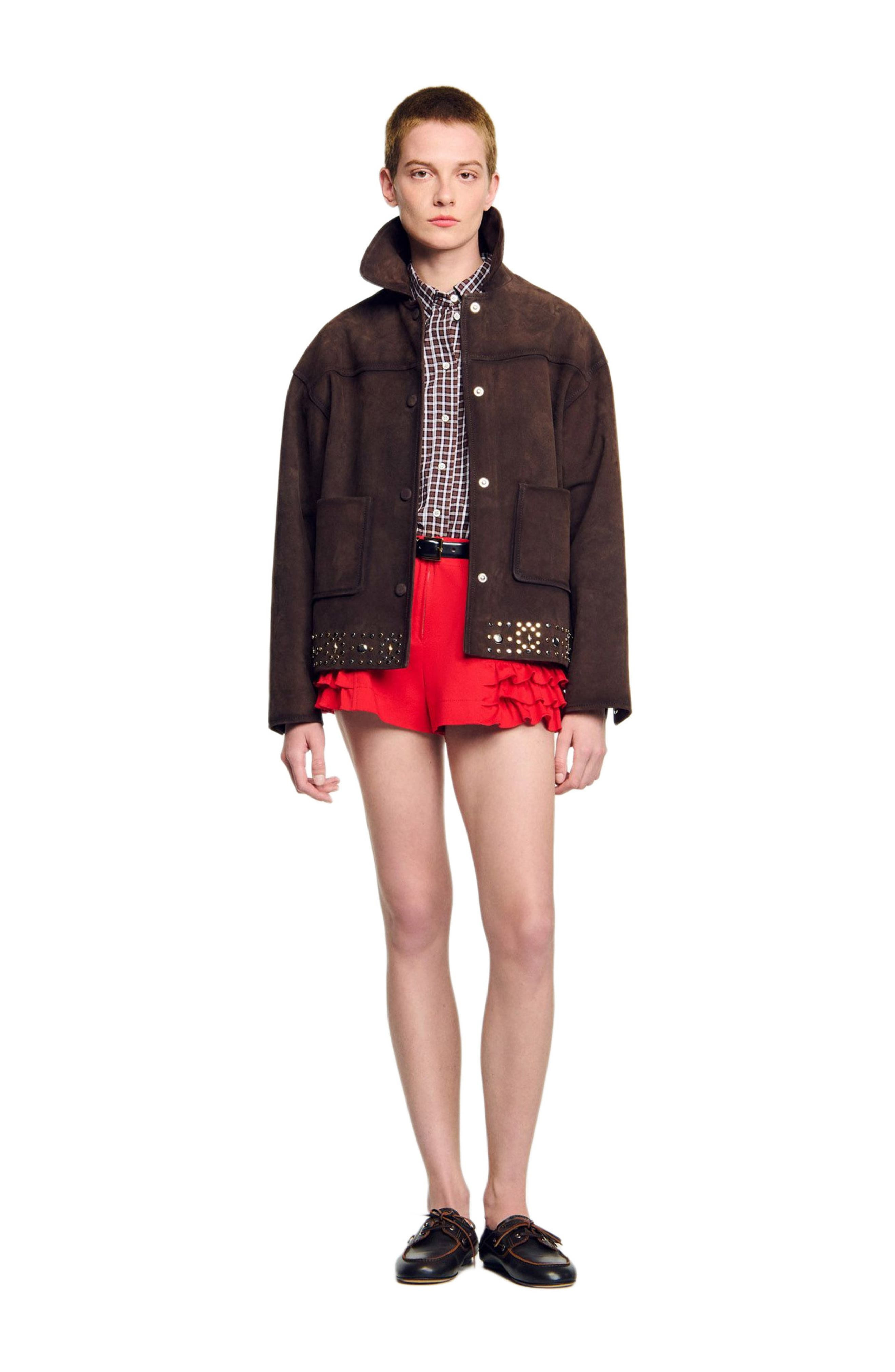 SANDRO Studded suede leather jacket in Brown at Nordstrom - 6