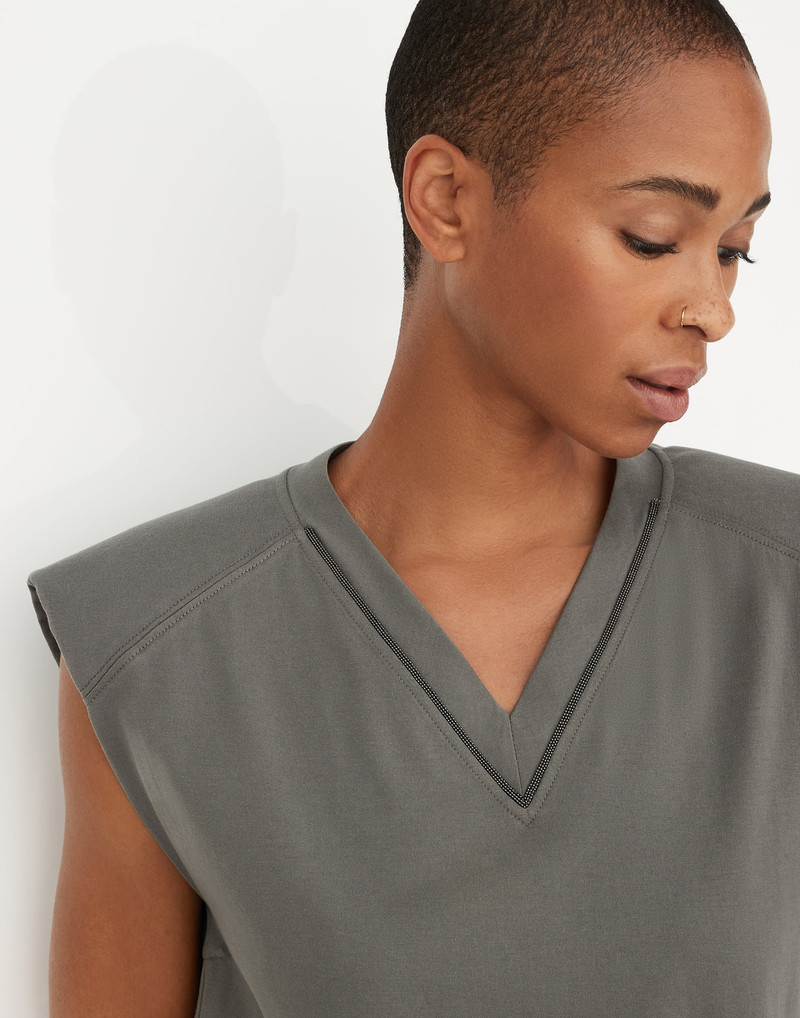 Cotton jersey T-shirt with padded shoulder and shiny neckline 3