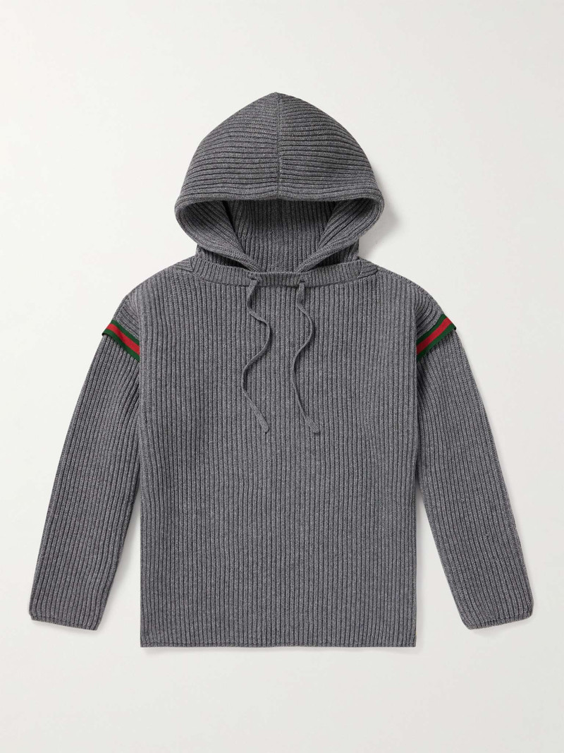 Webbing-Trimmed Ribbed Wool and Cashmere-Blend Hoodie - 1