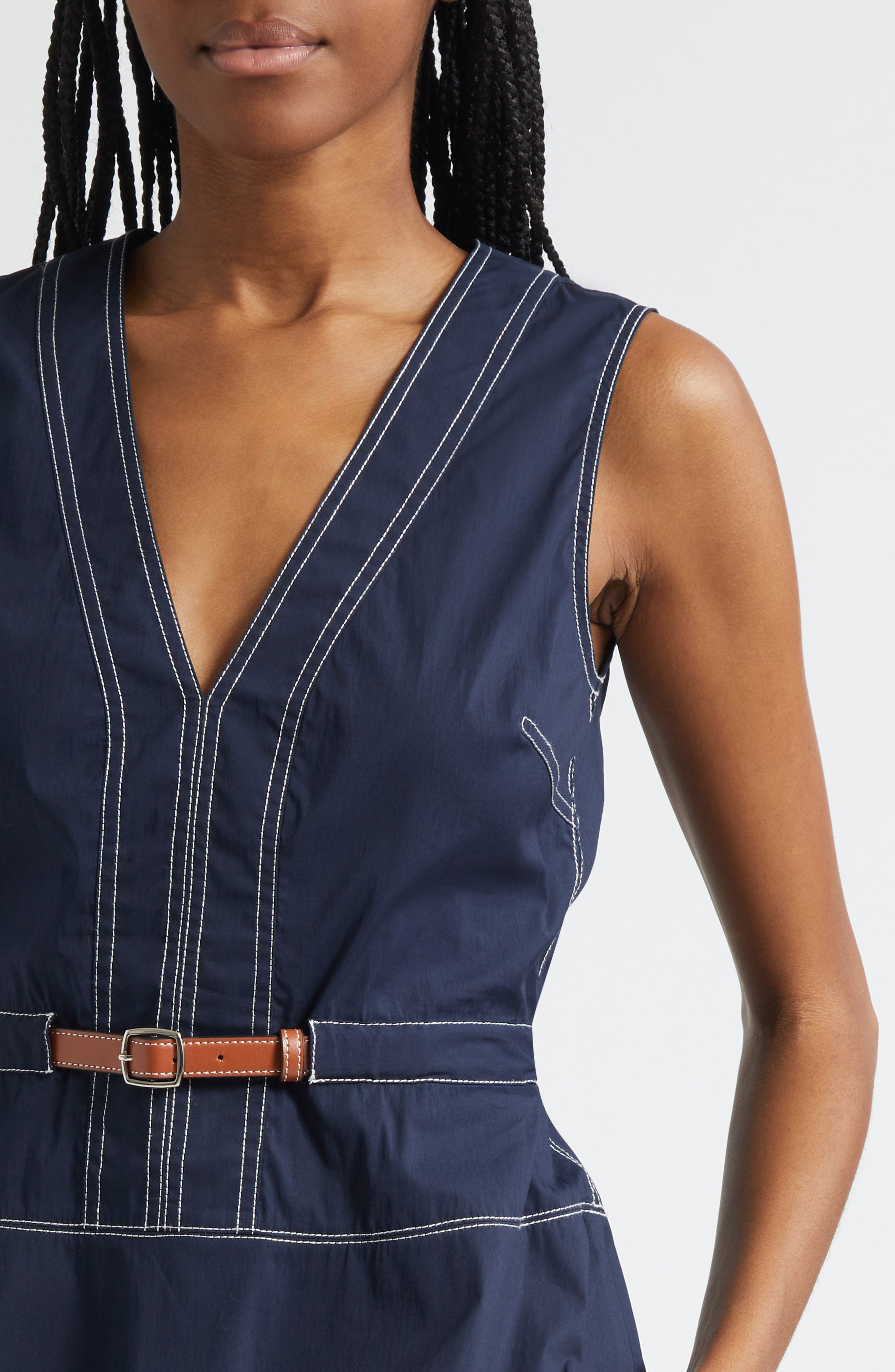 Veronica Beard Nickleby Topstitch Detail Sleeveless Cotton Blend Top in Navy at Nordstrom - 5