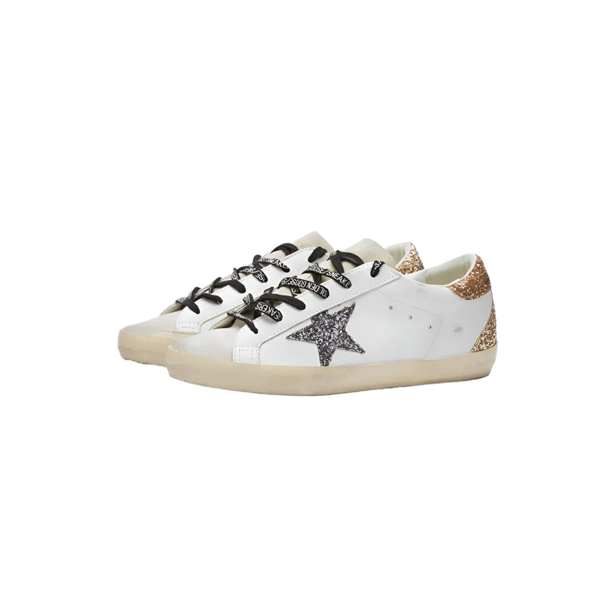 WOMEN'S SUPER-STAR LEATHER SNEAKERS W/GLITTER STAR (OPTIC WHITE/SEEDPEARL/BLACK/GOLD) - 5