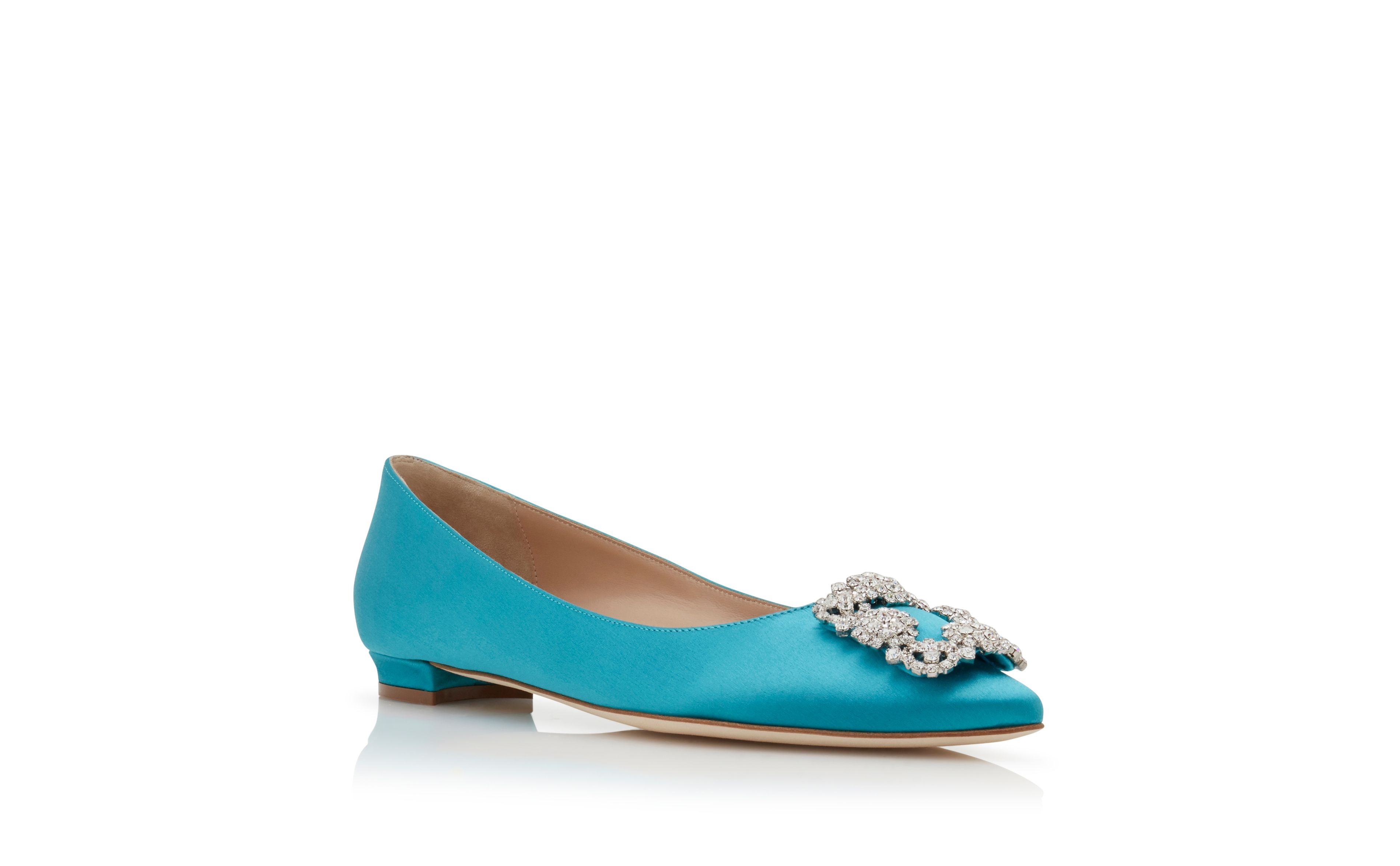 Turquoise Satin Jewel Buckle Flat Shoes - 3