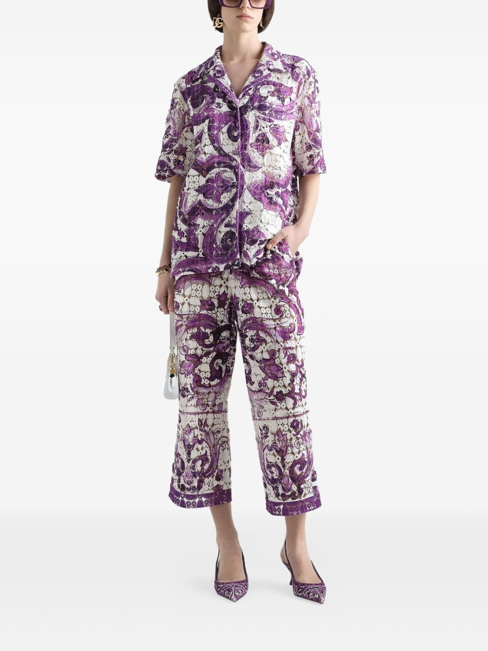 Majolica-print lace trousers - 2