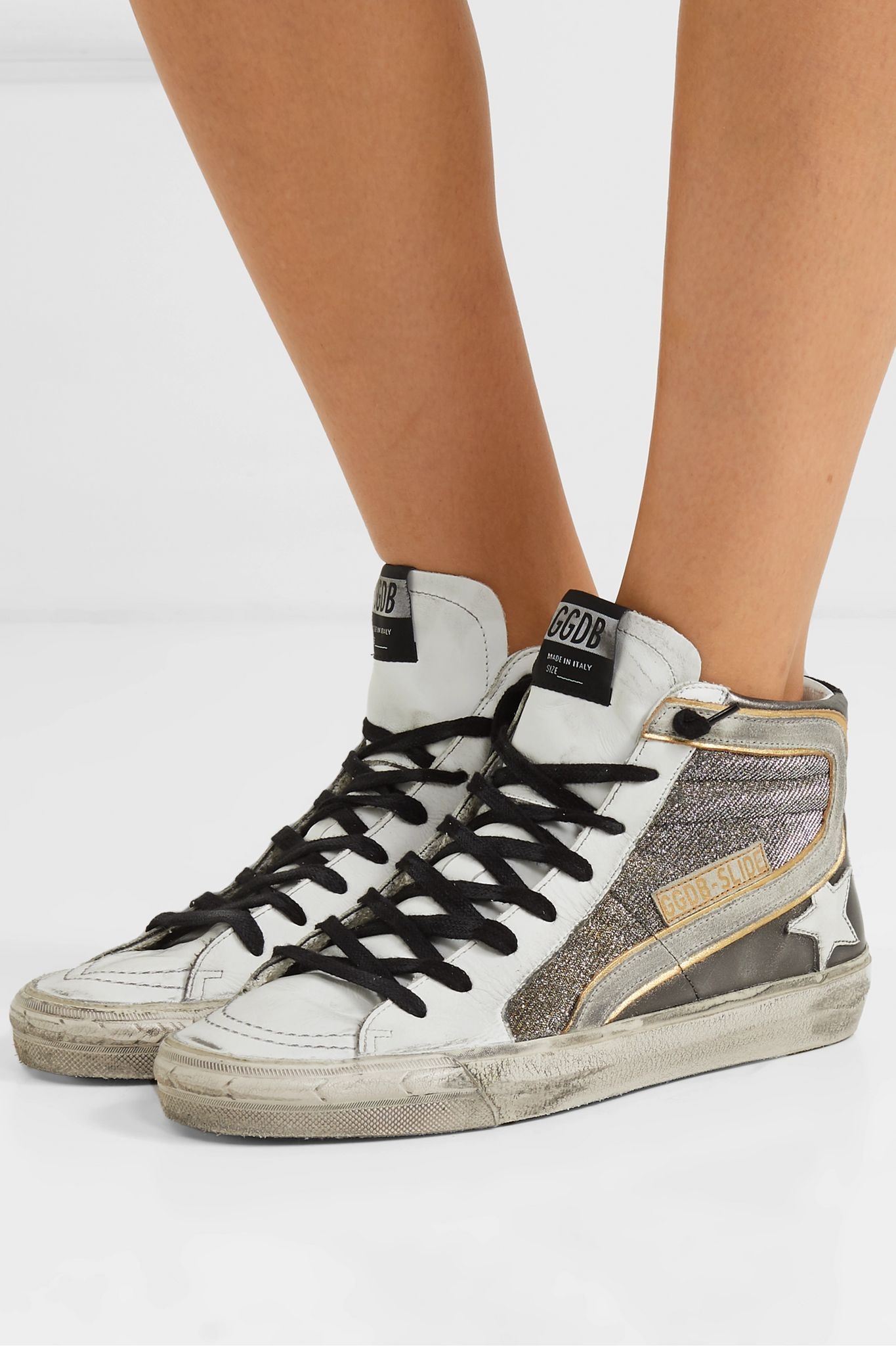 Slide distressed suede-trimmed leather and Lurex high-top sneakers - 2