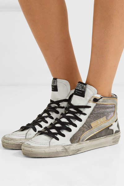 Golden Goose Slide distressed suede-trimmed leather and Lurex high-top sneakers outlook