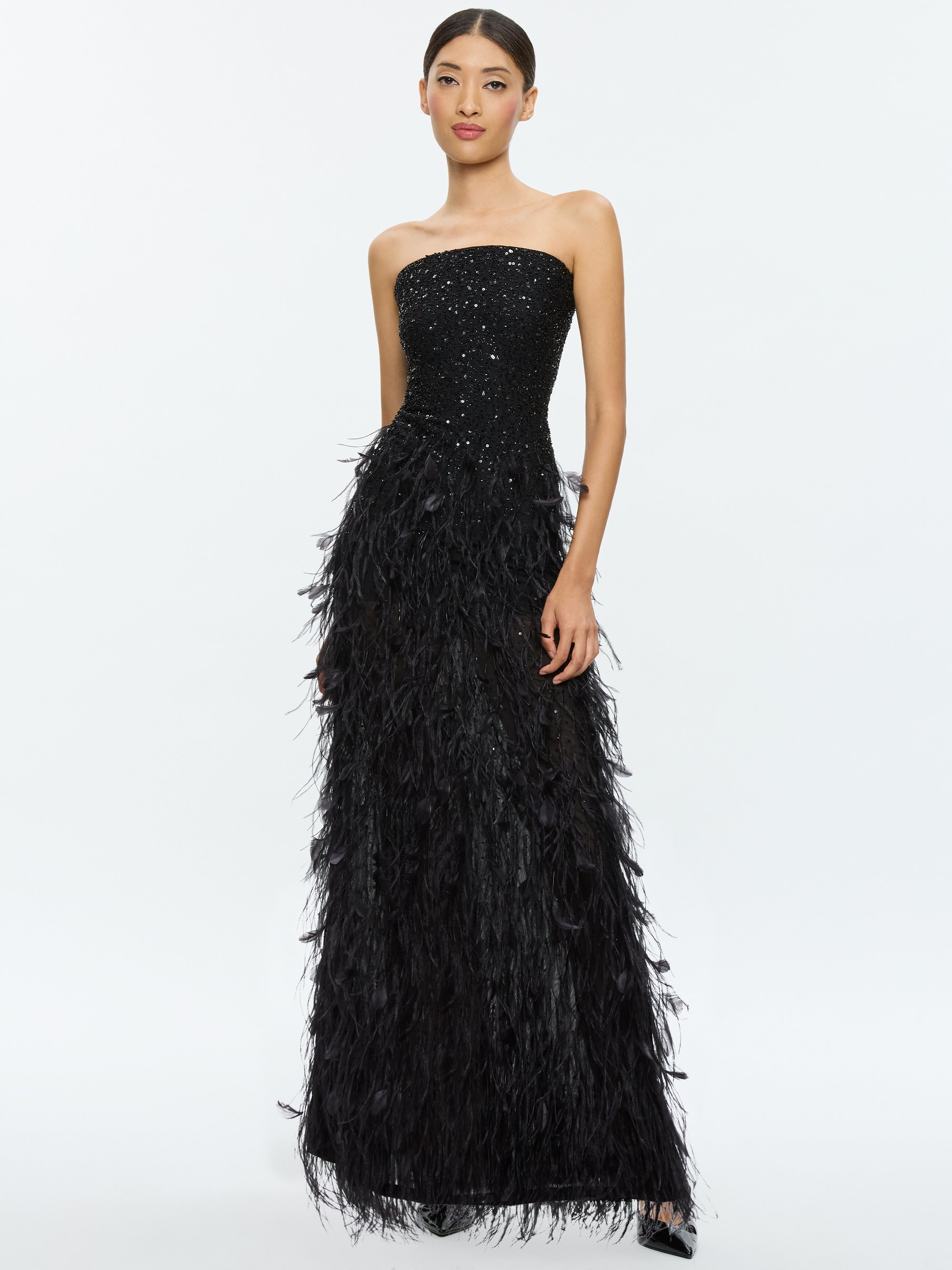 black strapless dress with feathers Black strapless formal dress with feathers, Black evening dress with feathers, Black dress with feathers, Black prom dress with feathers