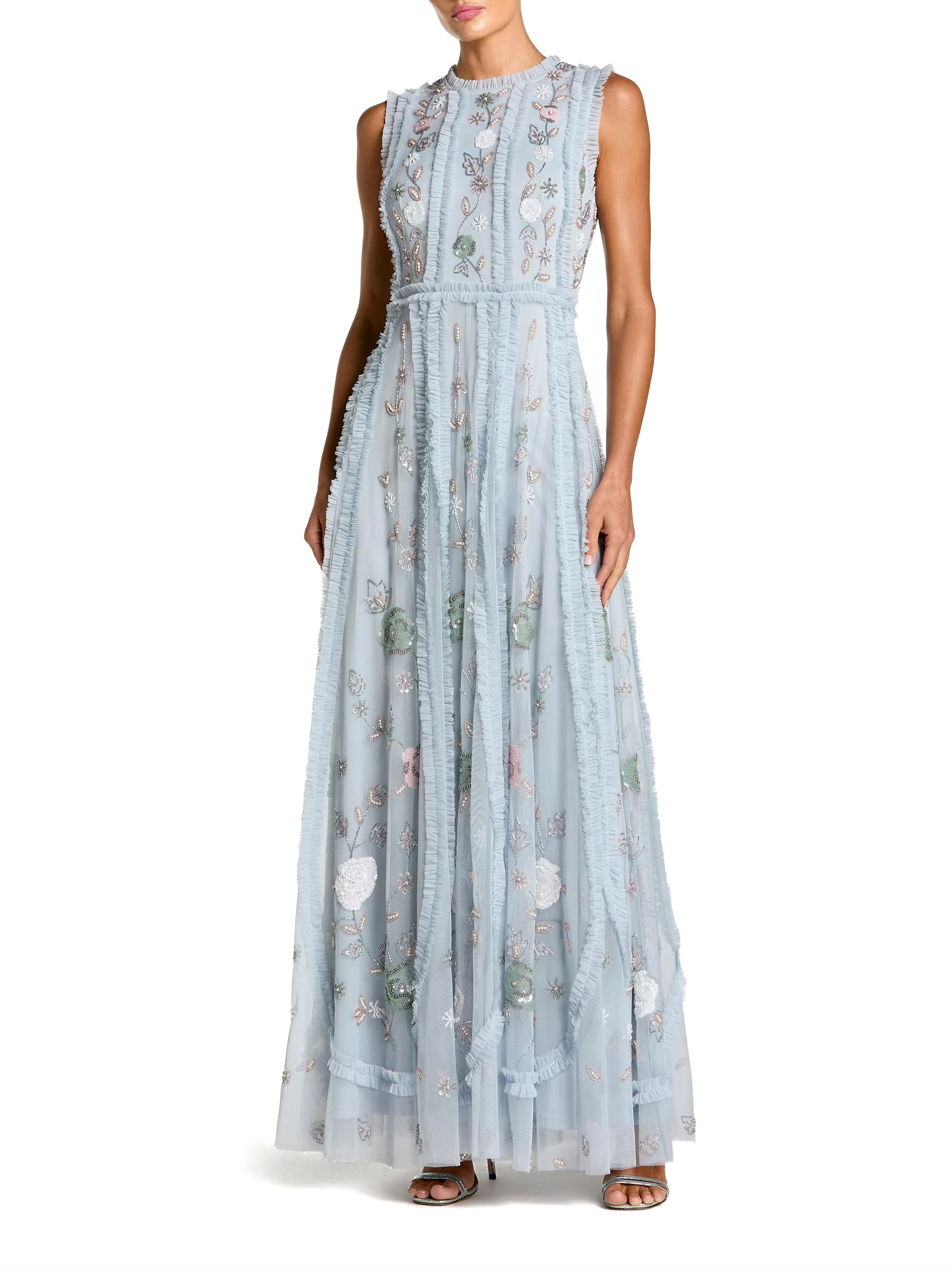 Women's Evening Embellished Ruffled Mesh A-Line Gown - Powder Blue - 1