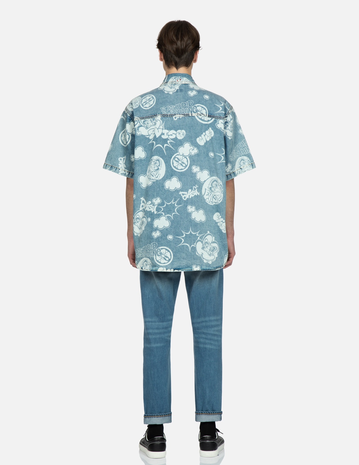 ALLOVER GRAFFITI DARUMA AND LOGO DISCHARGED-PRINT DENIM SHIRT - 6