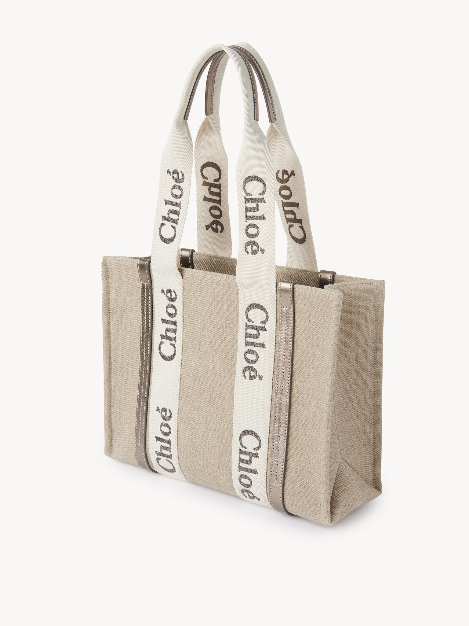 WOODY TOTE BAG IN LINEN & LEATHER - 3