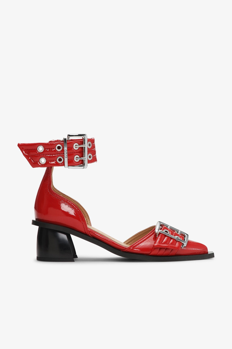RED FEMININE BUCKLE OPEN CUT PUMPS 1