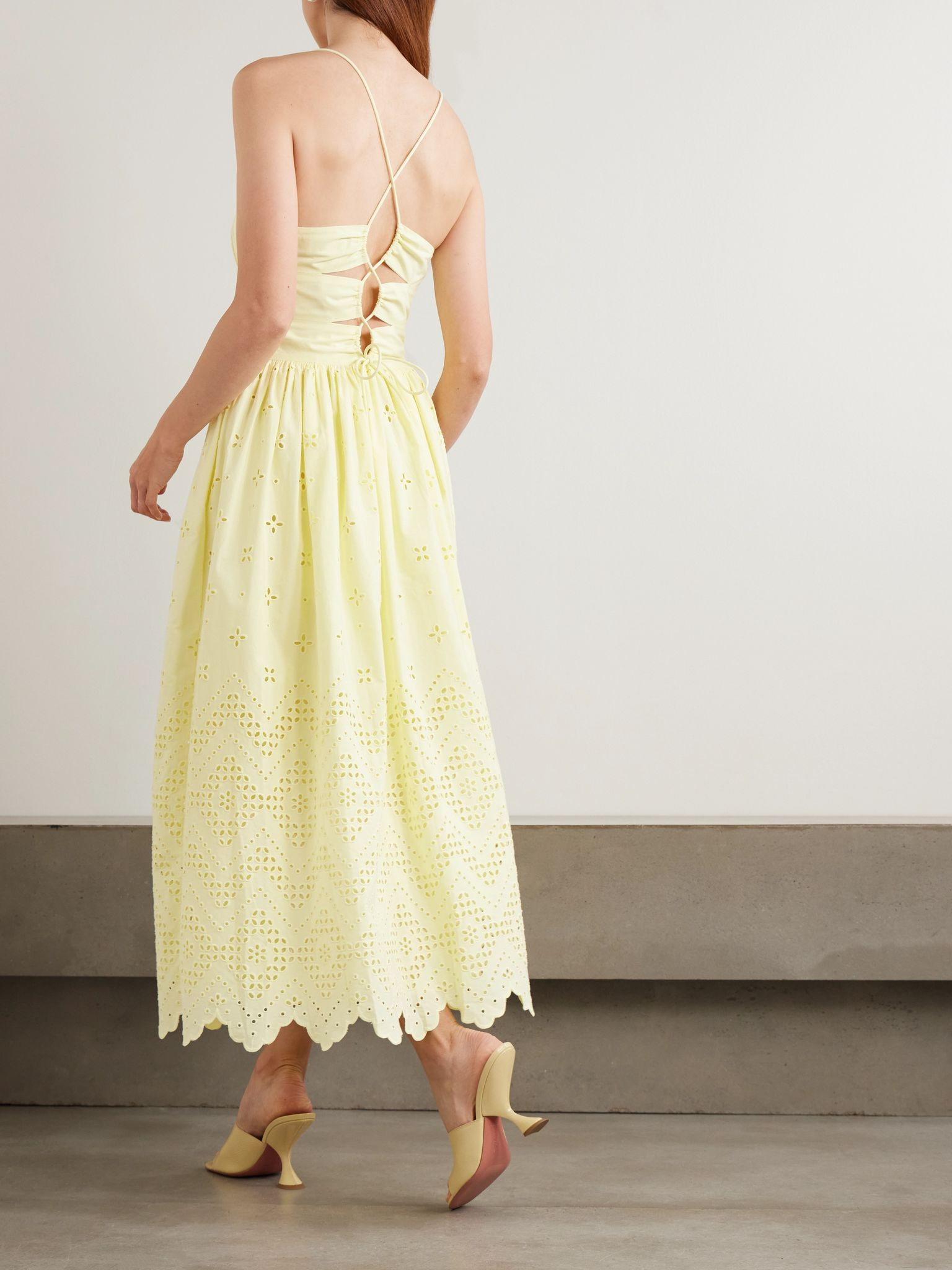 Drawstring broderie anglaise cotton midi dress Yellow - 3