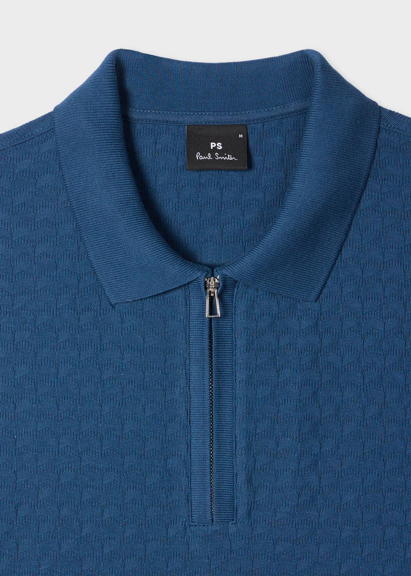 Paul Smith Mid Blue Textured Cotton Zip-Neck Polo Shirt outlook
