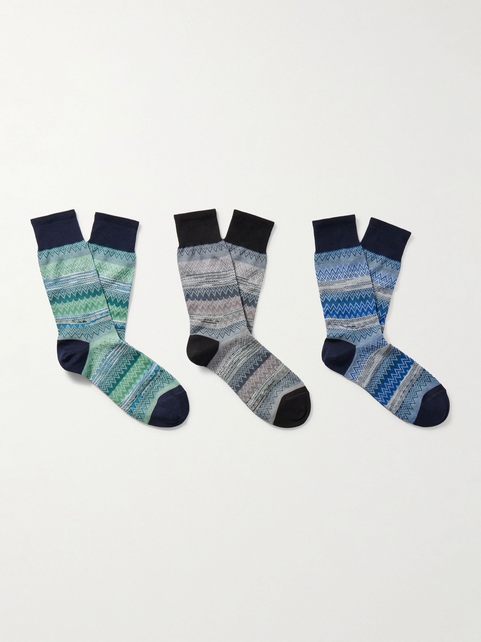 Three-Pack Striped Crochet-Knit Cotton Socks Blue - 1