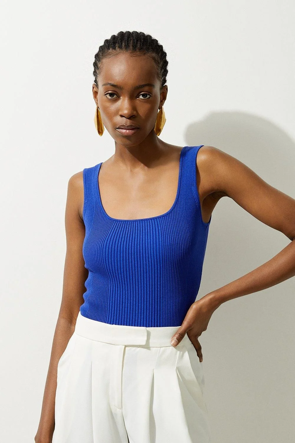 Viscose Blend Rib Knit Square Neck Vest - 1