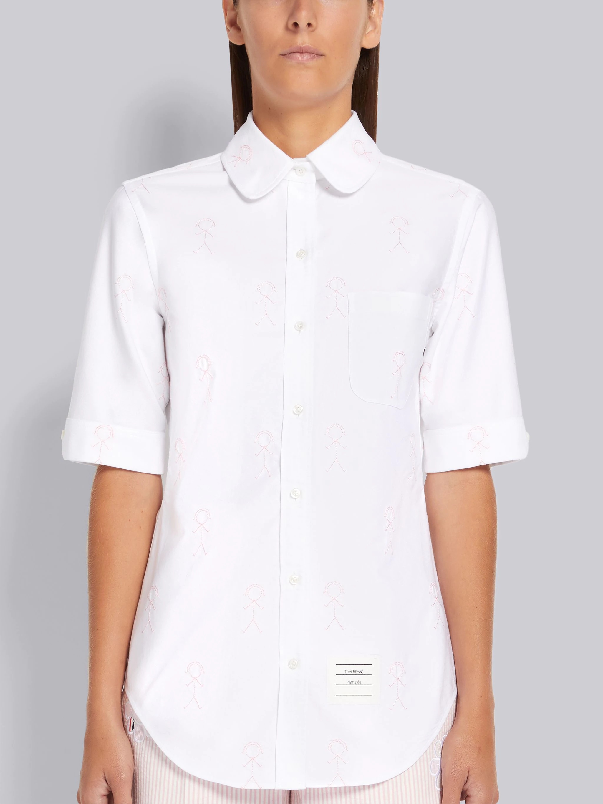 White Oxford Mrs. Thom Half Drop Round Collar Classic Short Sleeve Shirt - 2