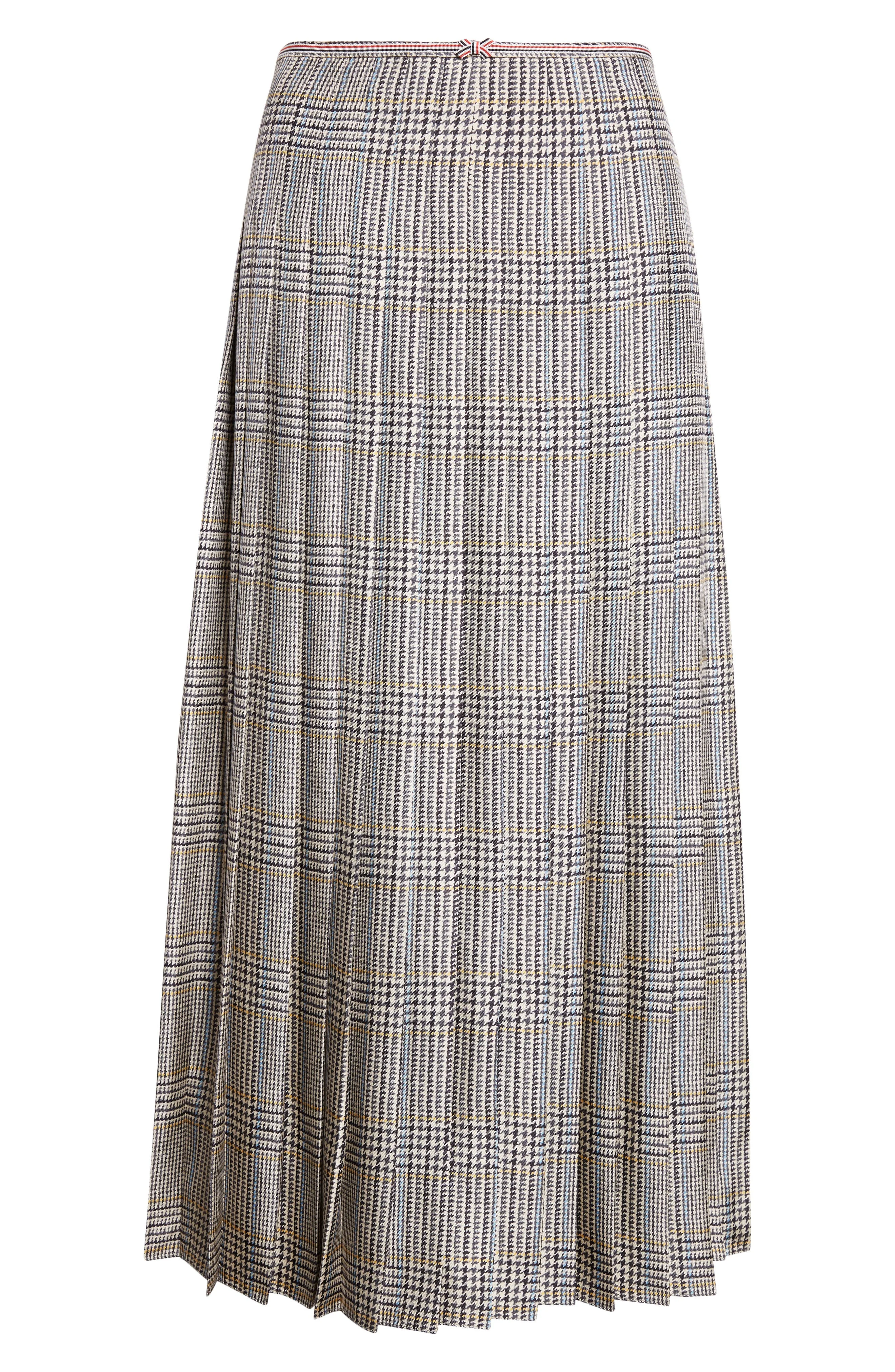 Thom Browne Hunting Tweed Pleated Silk Twill Skirt in Black/White at Nordstrom - 1