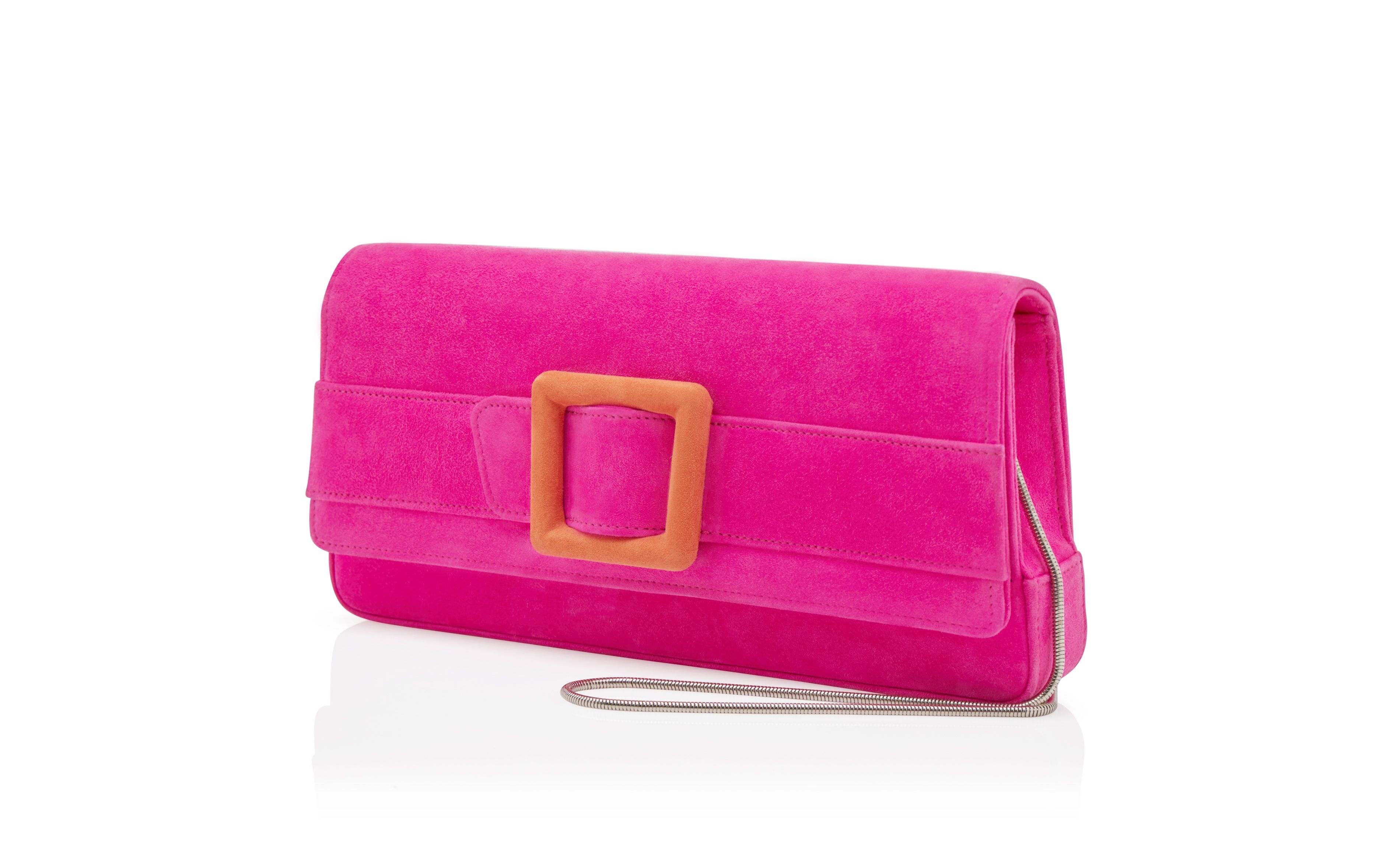 Bright Pink and Orange Suede Buckle Clutch - 3