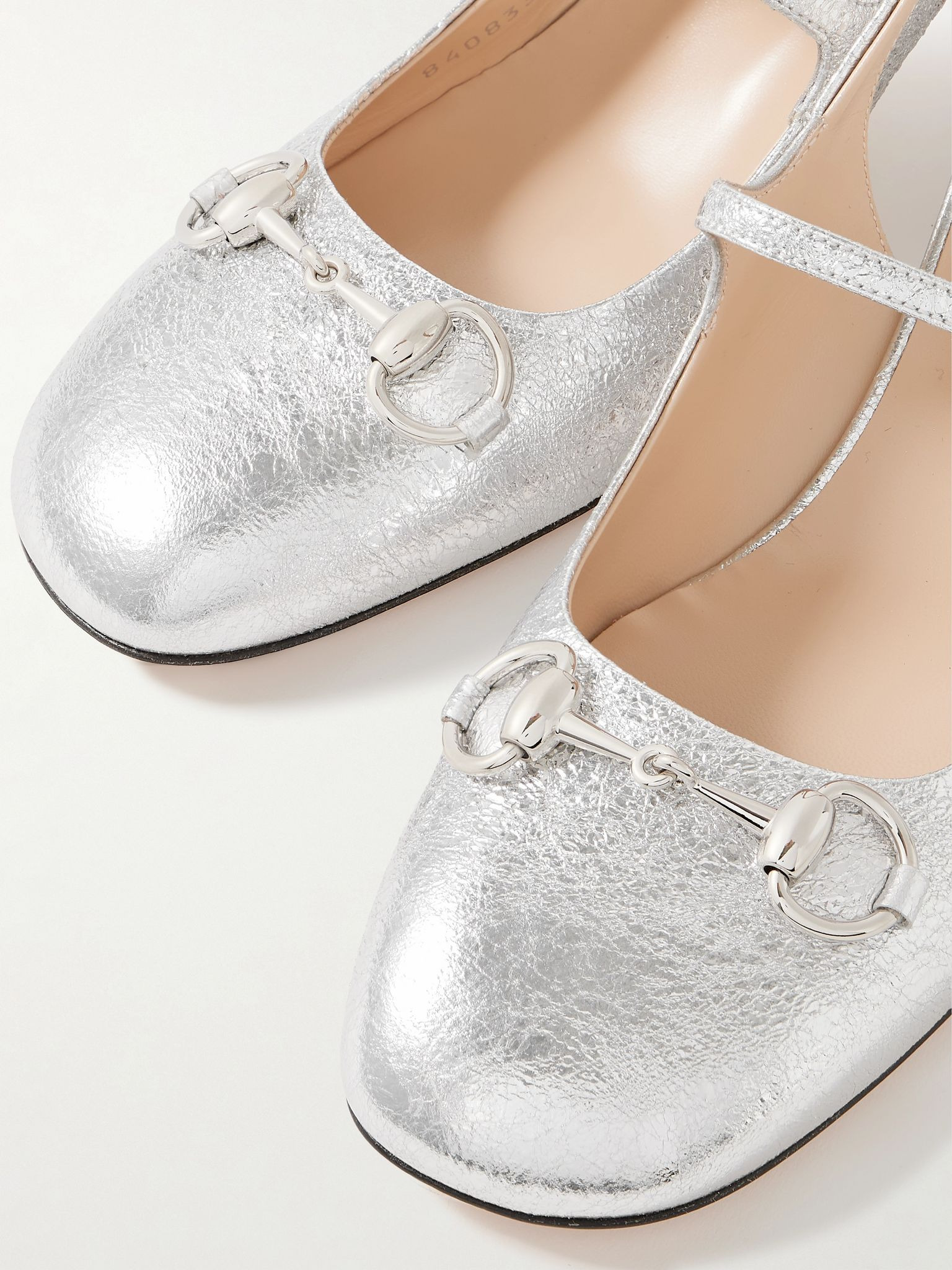 Lady horsebit-detailed metallic crinkled-leather Mary Jane pumps Silver - 4