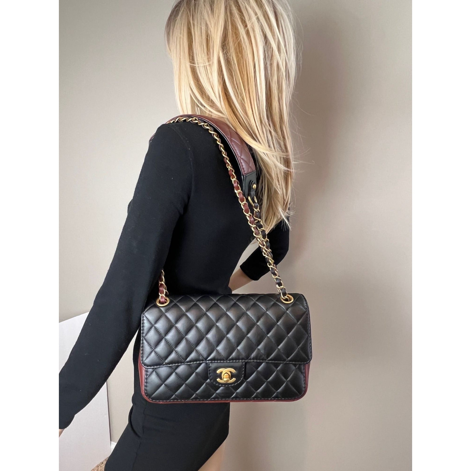 Chanel Calfskin Quilted Strap into Flap Black Burgundy Shoulder Bag - 9
