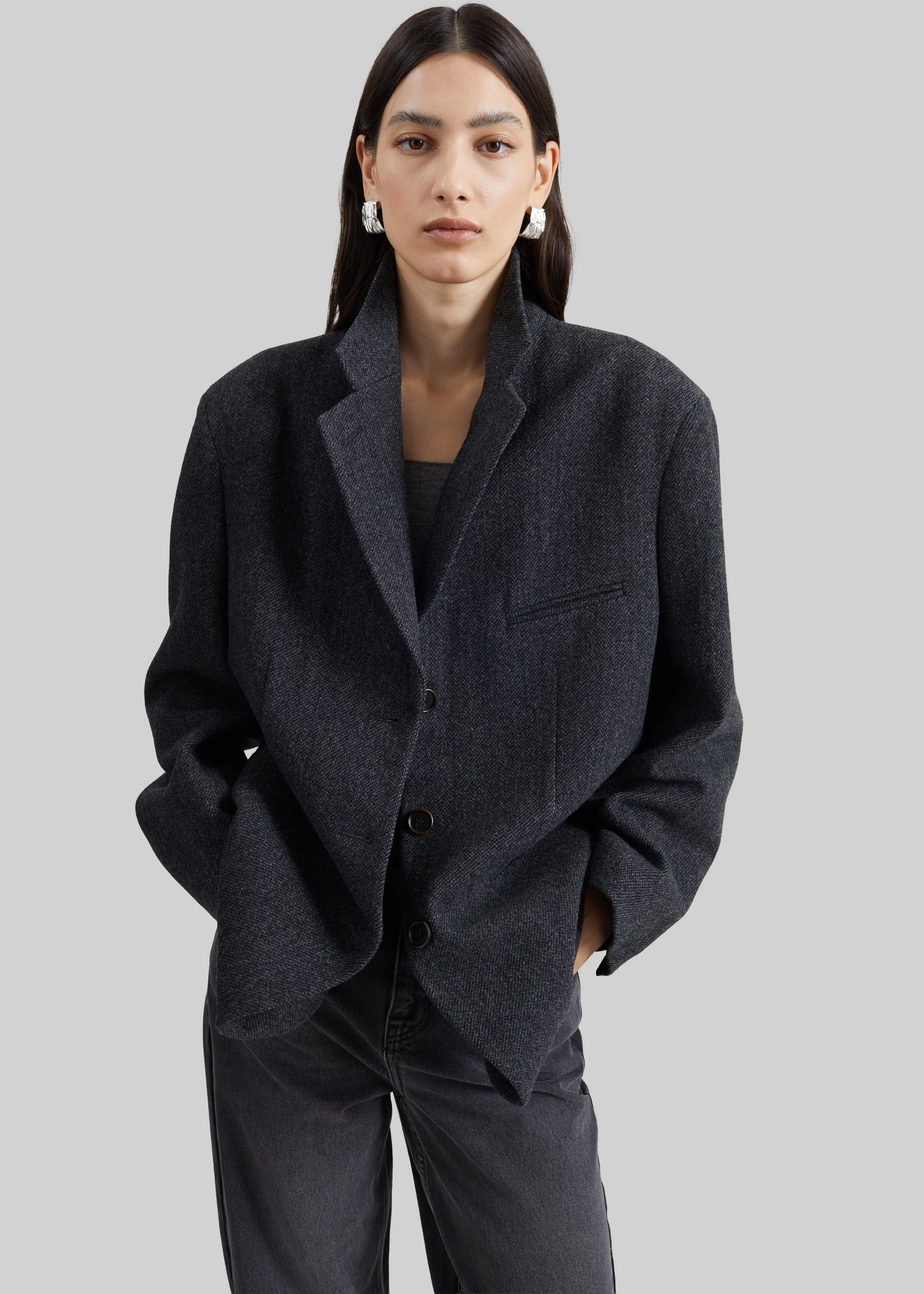 Low Classic Oversized Wool Tailored Jacket - Grey - 1