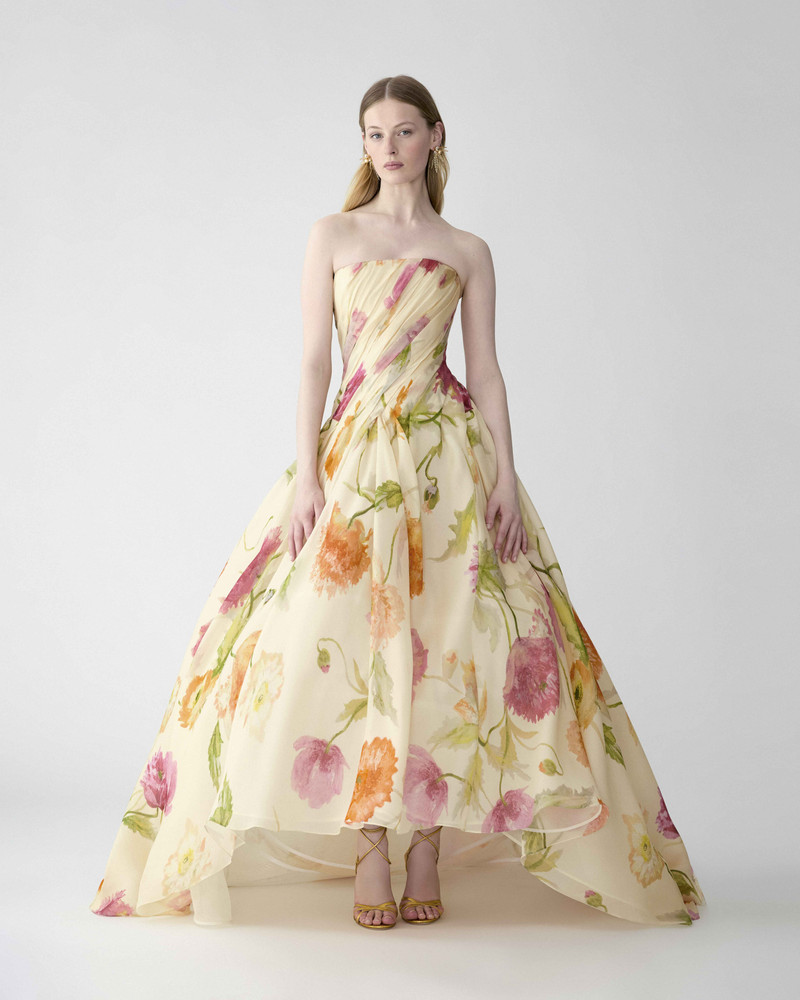 CAROLINA HERRERA Poppy-Print Organza High-Low Gown outlook