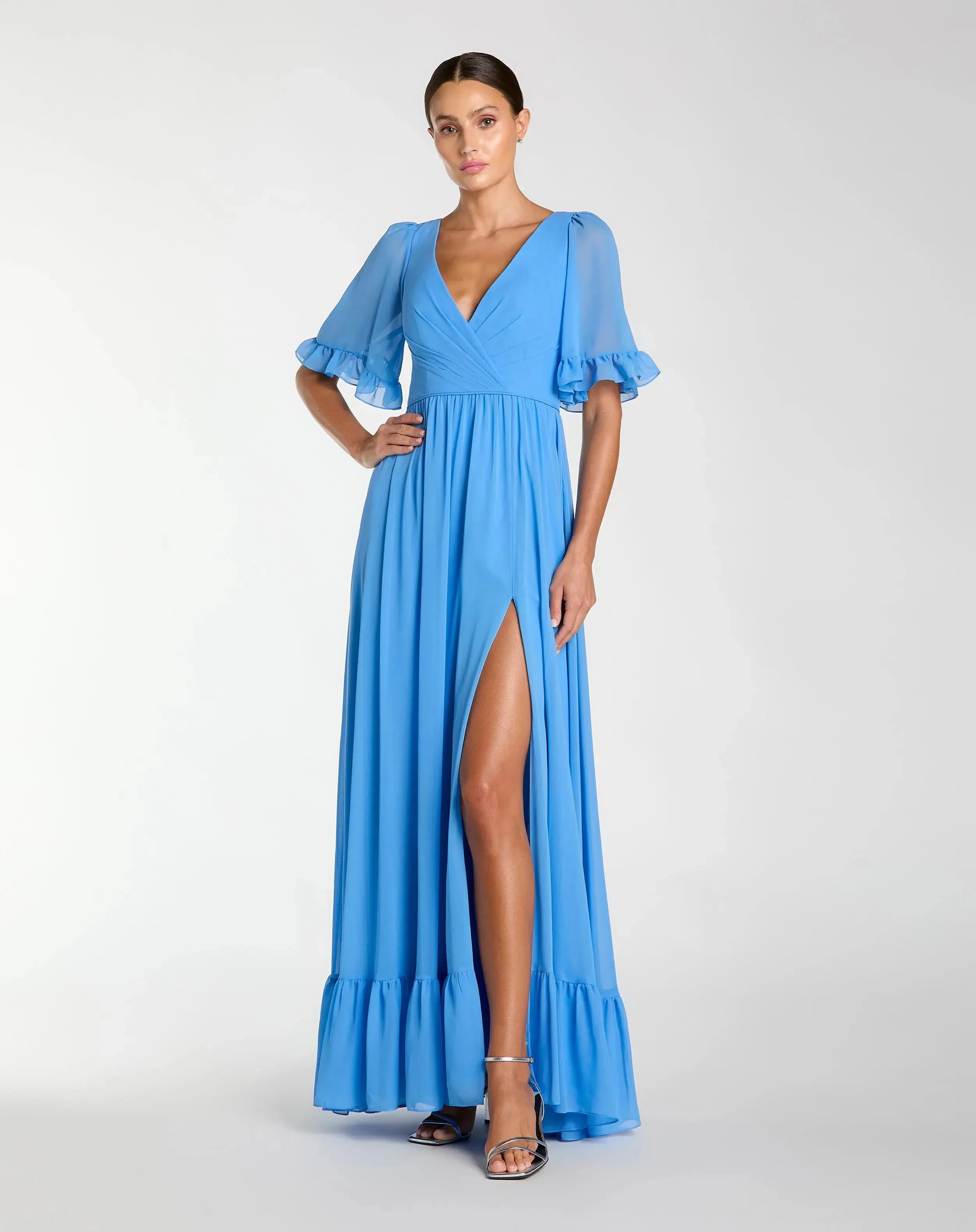 Fusion Blue Faux Wrap Ruffle Trim A-Line Gown - 1