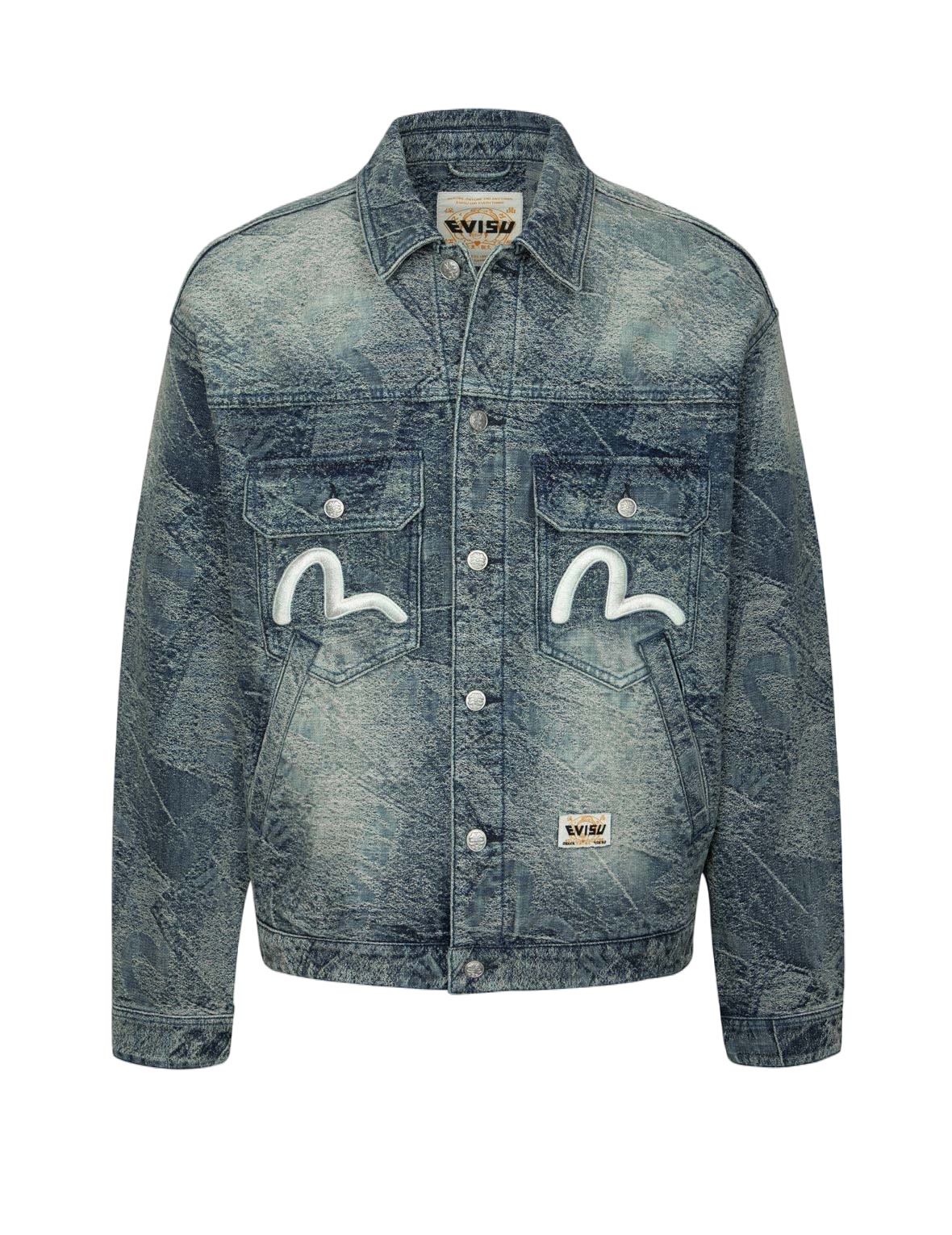 ALLOVER POCKET PRINT AND SEAGULL EMBROIDERY LOOSE FIT DENIM JACKET - 14