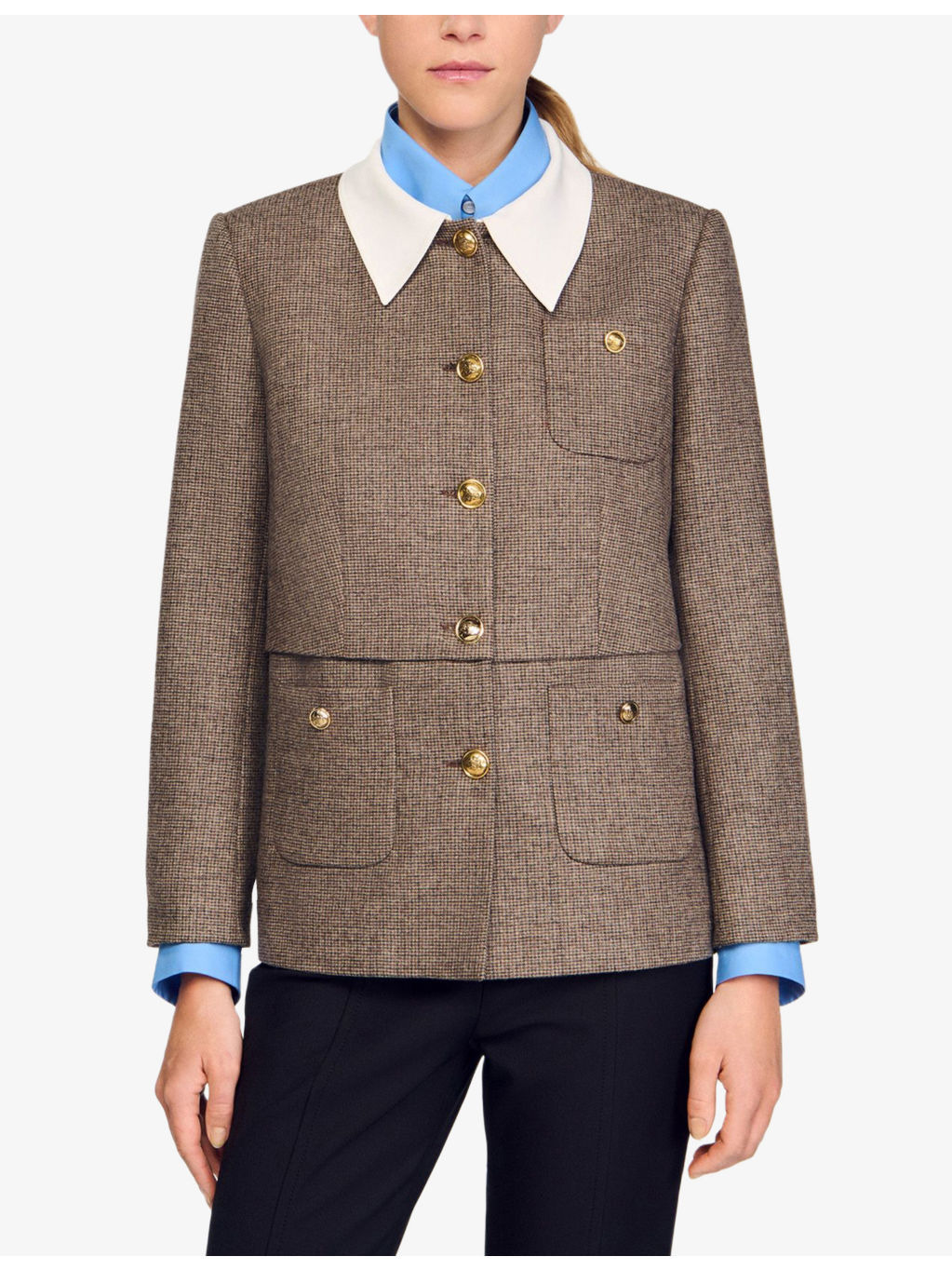 Contrast-Collar Houndstooth Wool-Blend Jacket - 3